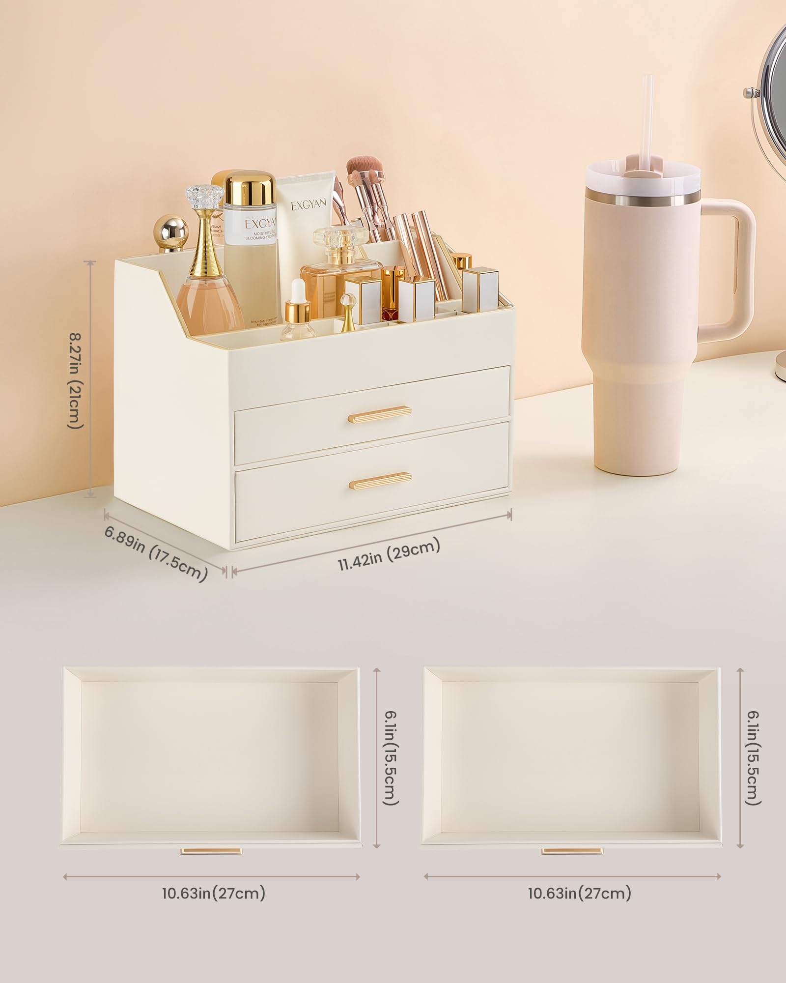 Lolalet Makeup Organizer Schminktisch 2 Schubladen Leder Gold