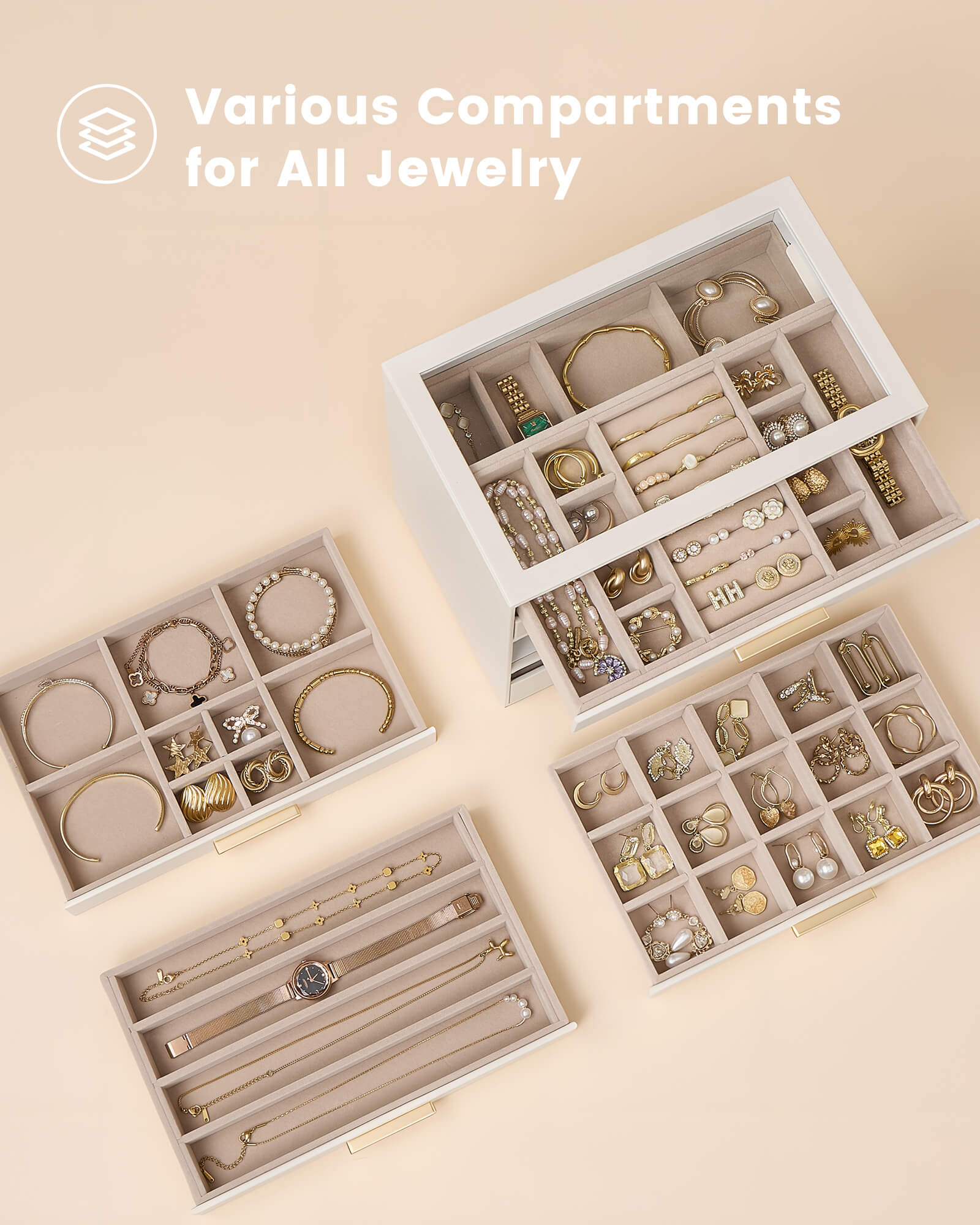 Lolalet Jewelry Box Schmuckkästchen Beige 6 Lagen Glasdeckel