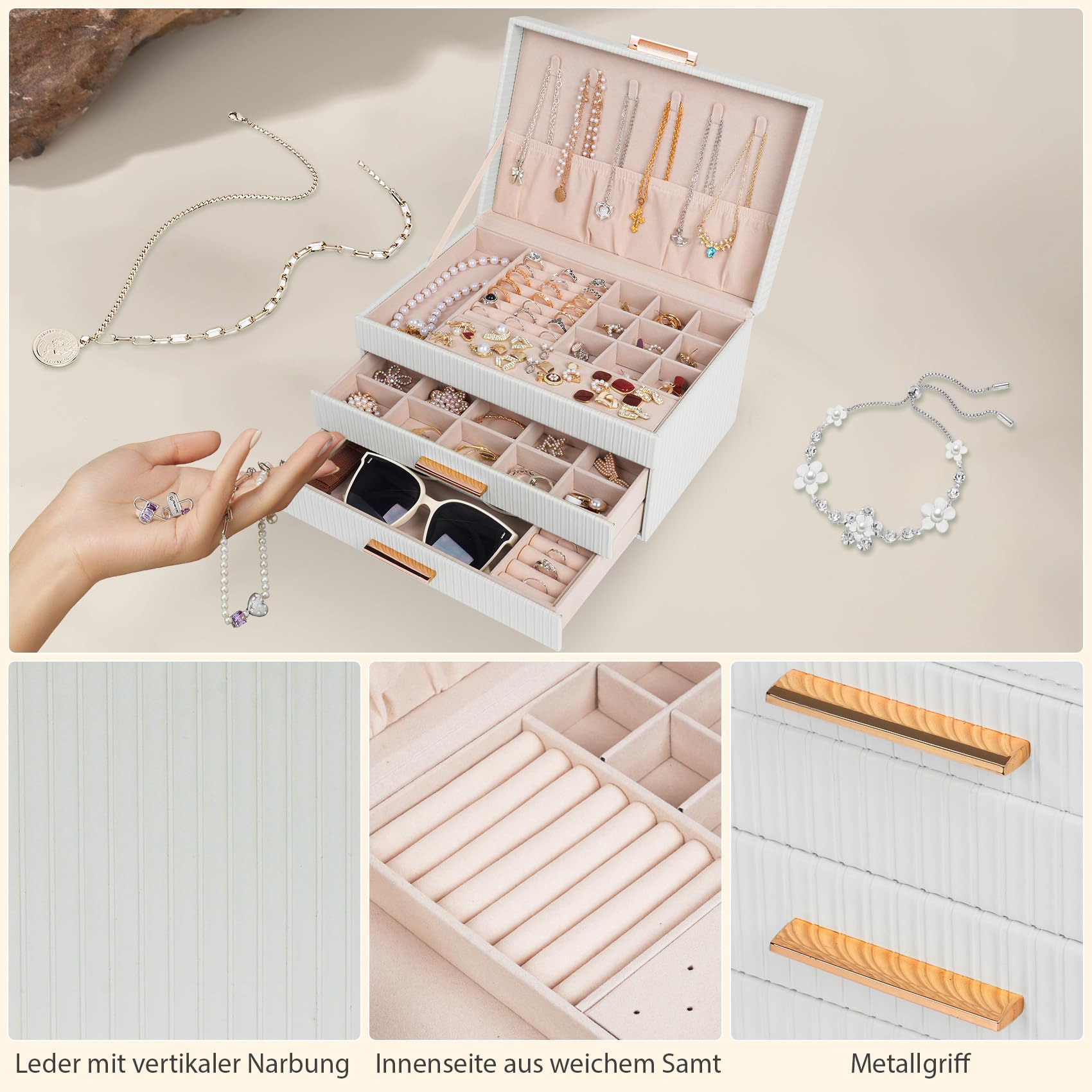 Dajasan Large Jewelry Box Schmuckkästchen Weiß 3 Ebenen Leder