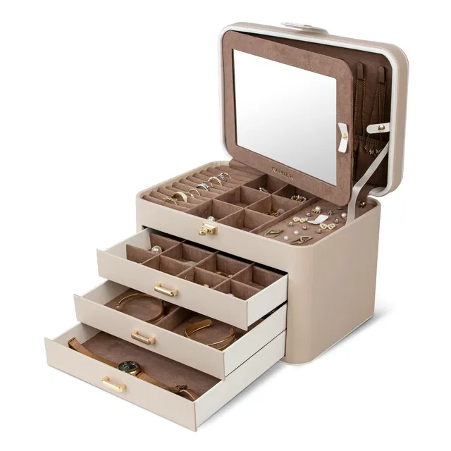 KAMIER Large Jewelry Boxes Schmuckkästchen Beige 4 Ebenen mit Spiegel