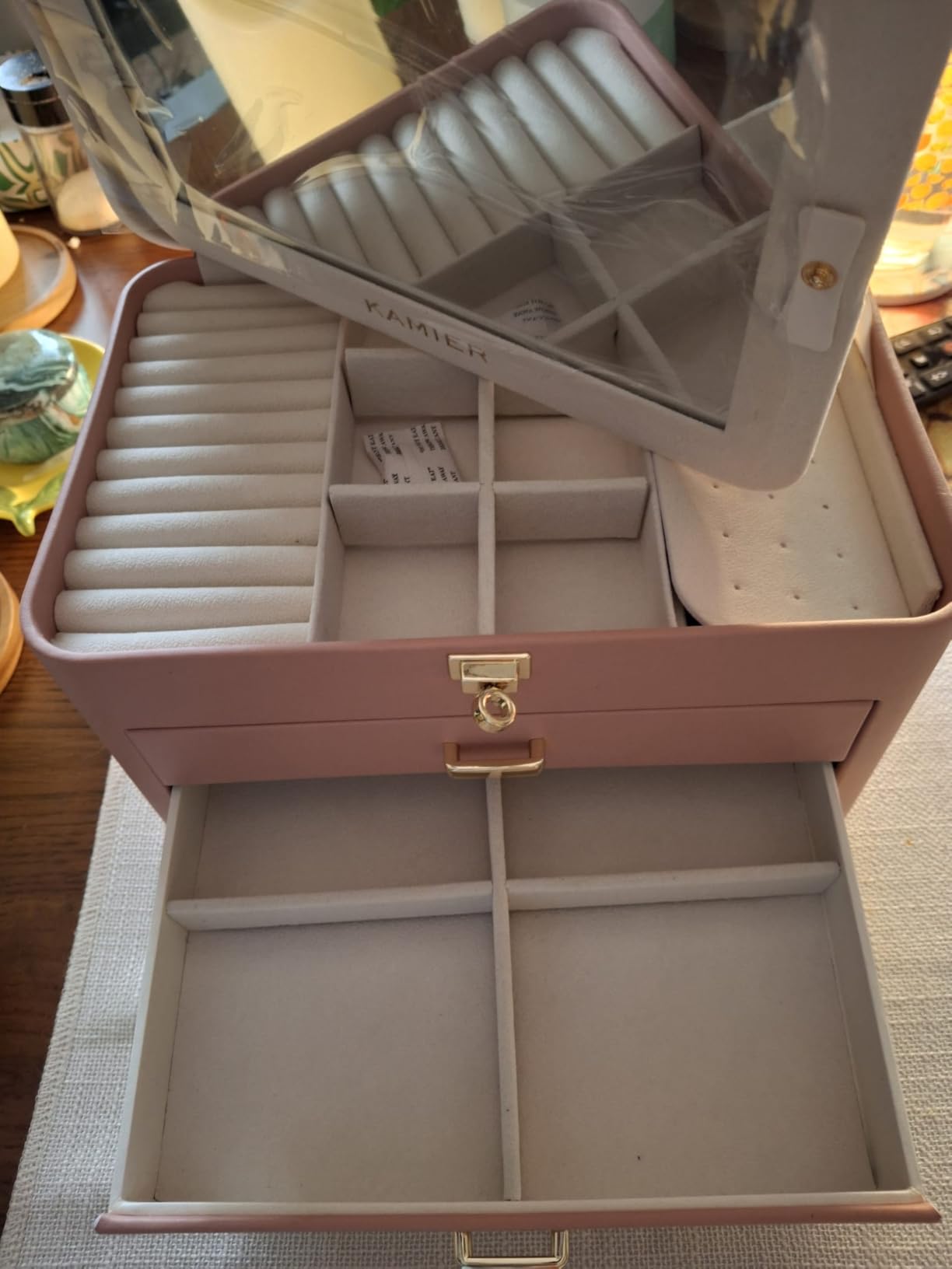 KAMIER Large Jewelry Boxes Schmuckkästchen Beige 4 Ebenen mit Spiegel