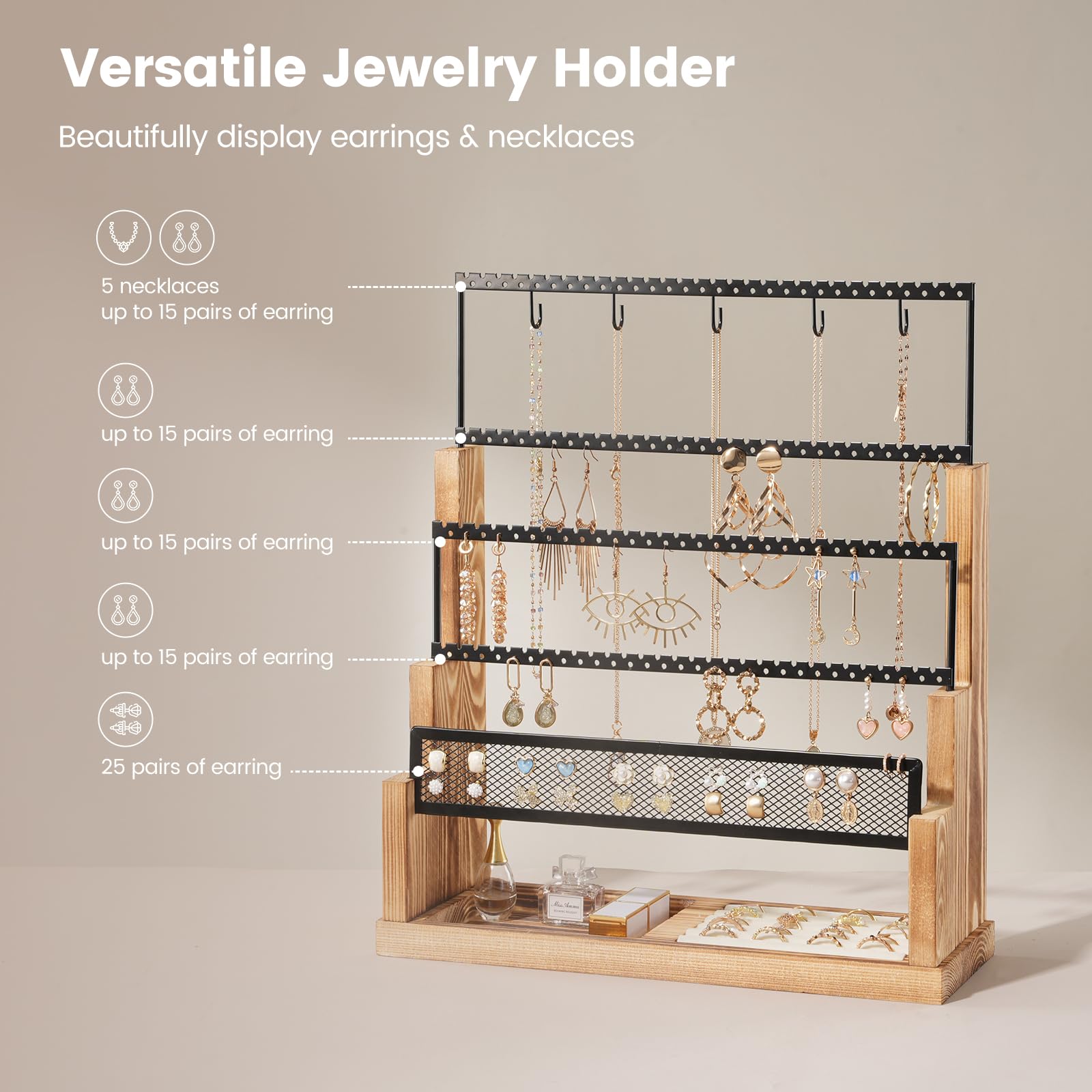 Lolalet Jewelry Stand Schmuckständer Weiß 5 Ebenen Samt