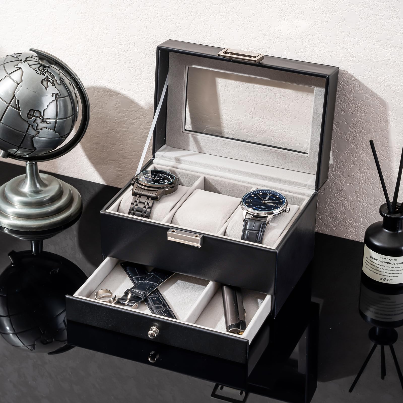 Lolalet Watch Box Uhrenbox Schwarz 3 Fächer mit Glasdeckel