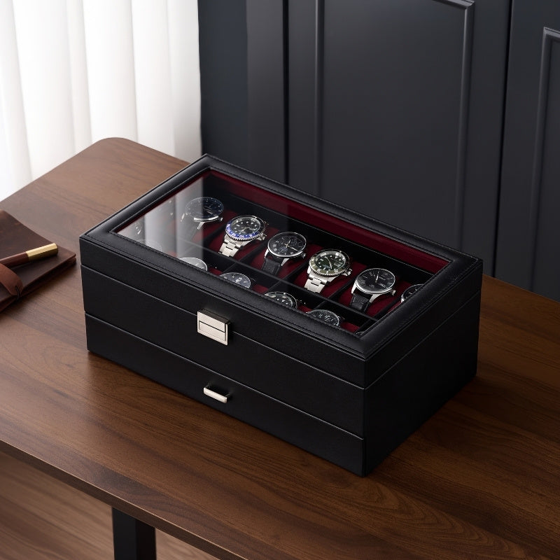 Lolalet Watch Box Uhrenbox 12 Fächer Schwarz 1-lagig Glas