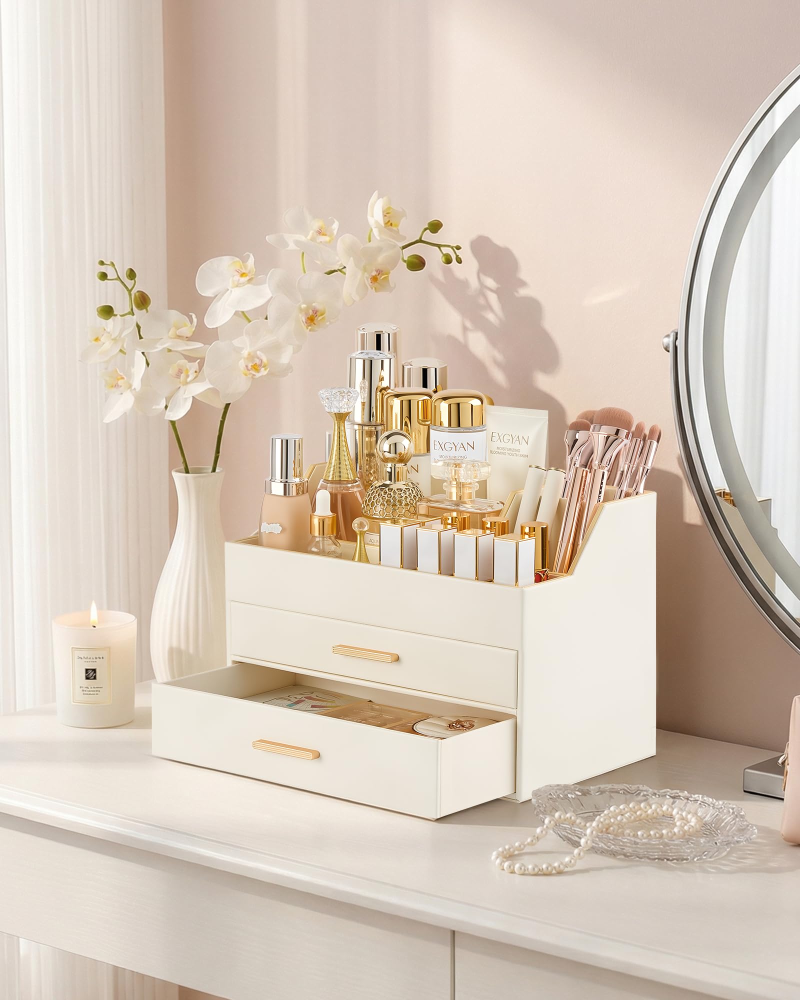 Lolalet Makeup Organizer Schminktisch 2 Schubladen Leder Gold