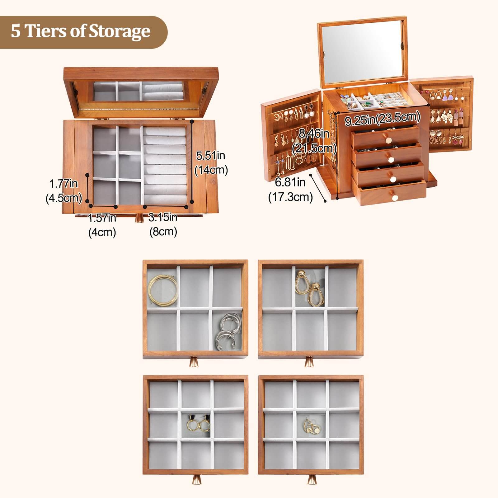Lolalet Jewelry Box Holz Schmuckkästchen Spiegel Braun Groß
