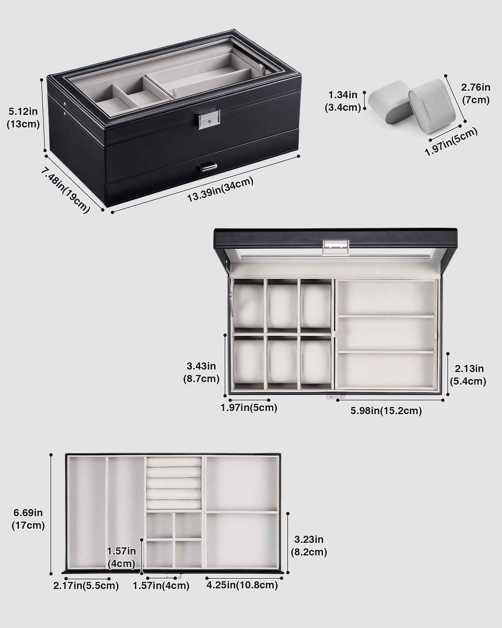 Lolalet Jewelry Box Schmuckkasten Grau 6 Uhren Glasdeckel