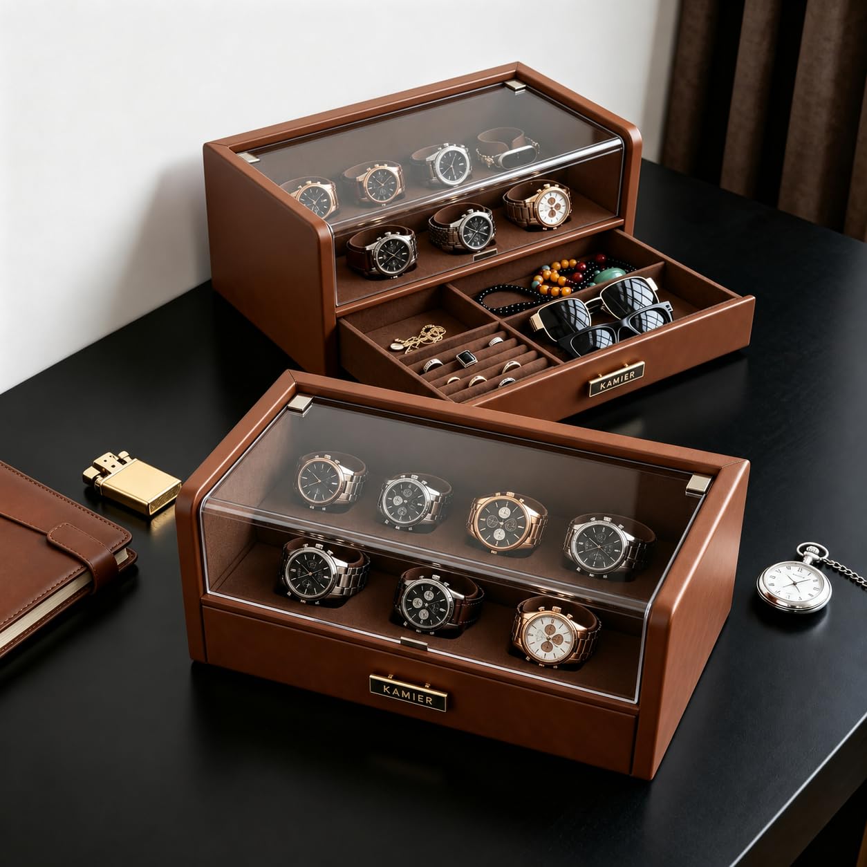 KAMIER Watch Boxes Uhrenbox Braun 7 Fächer Glasdeckel