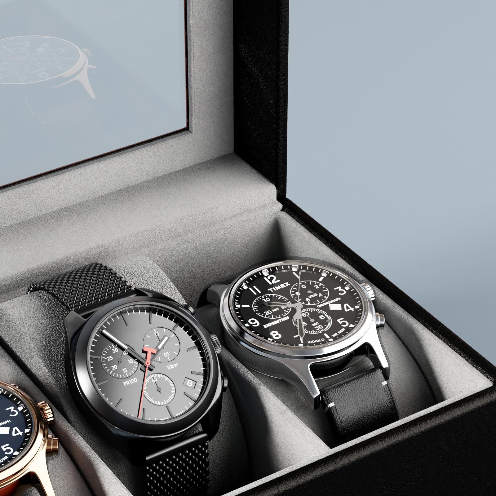 Lolalet Watch Box Uhrenbox 6 Fächer Schwarz Glasdeckel PU