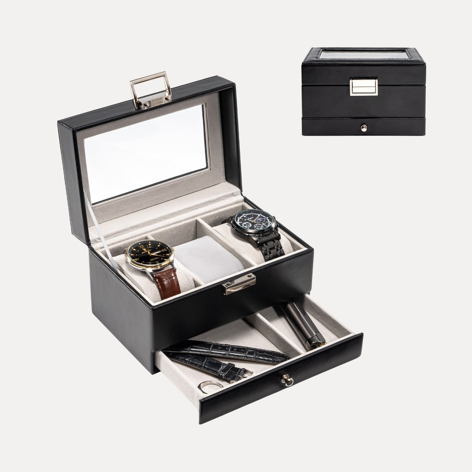 Lolalet Watch Box Uhrenbox Schwarz 3 Fächer mit Glasdeckel