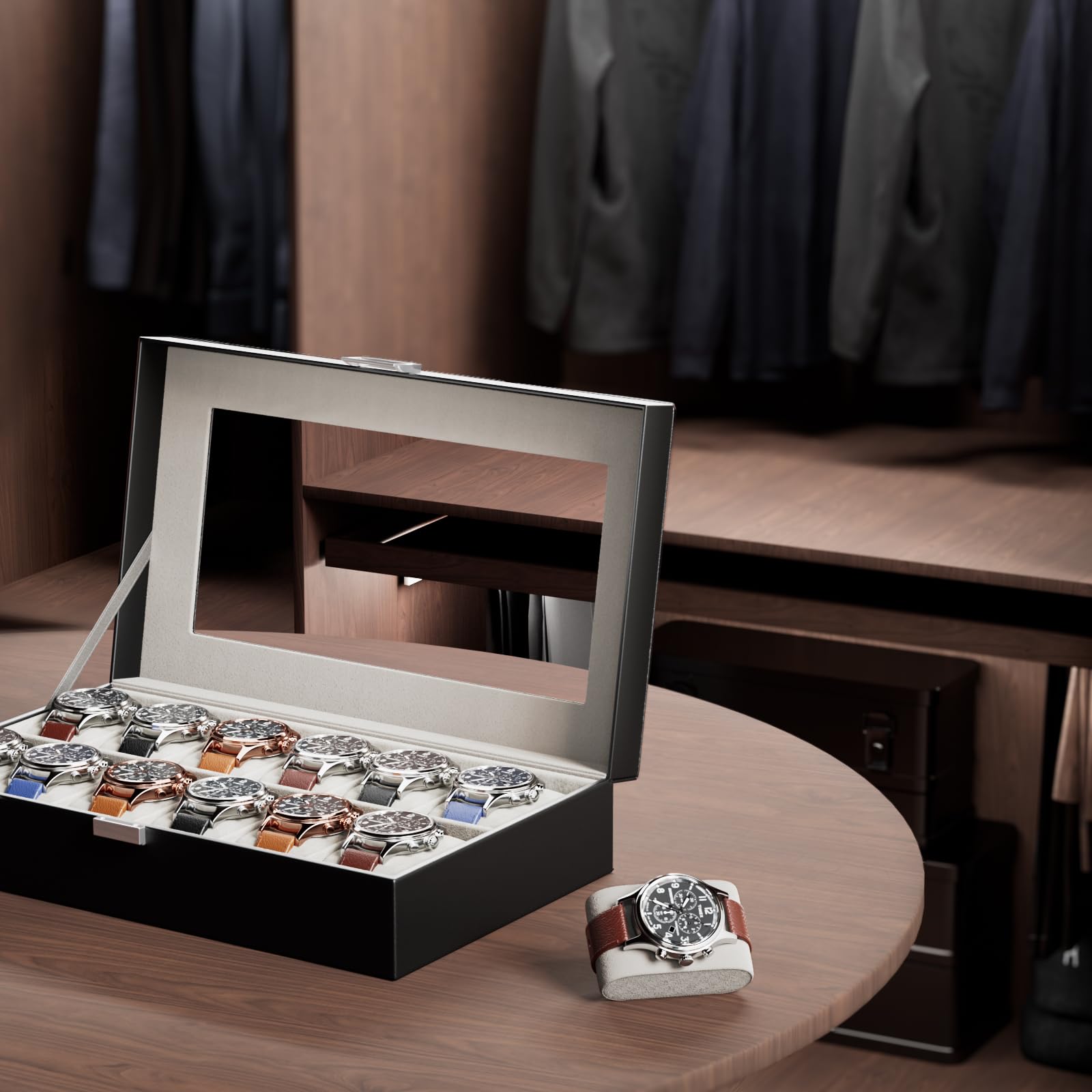 Lolalet Watch Box Uhrenbox Schwarz 12 Fächer Glasdeckel