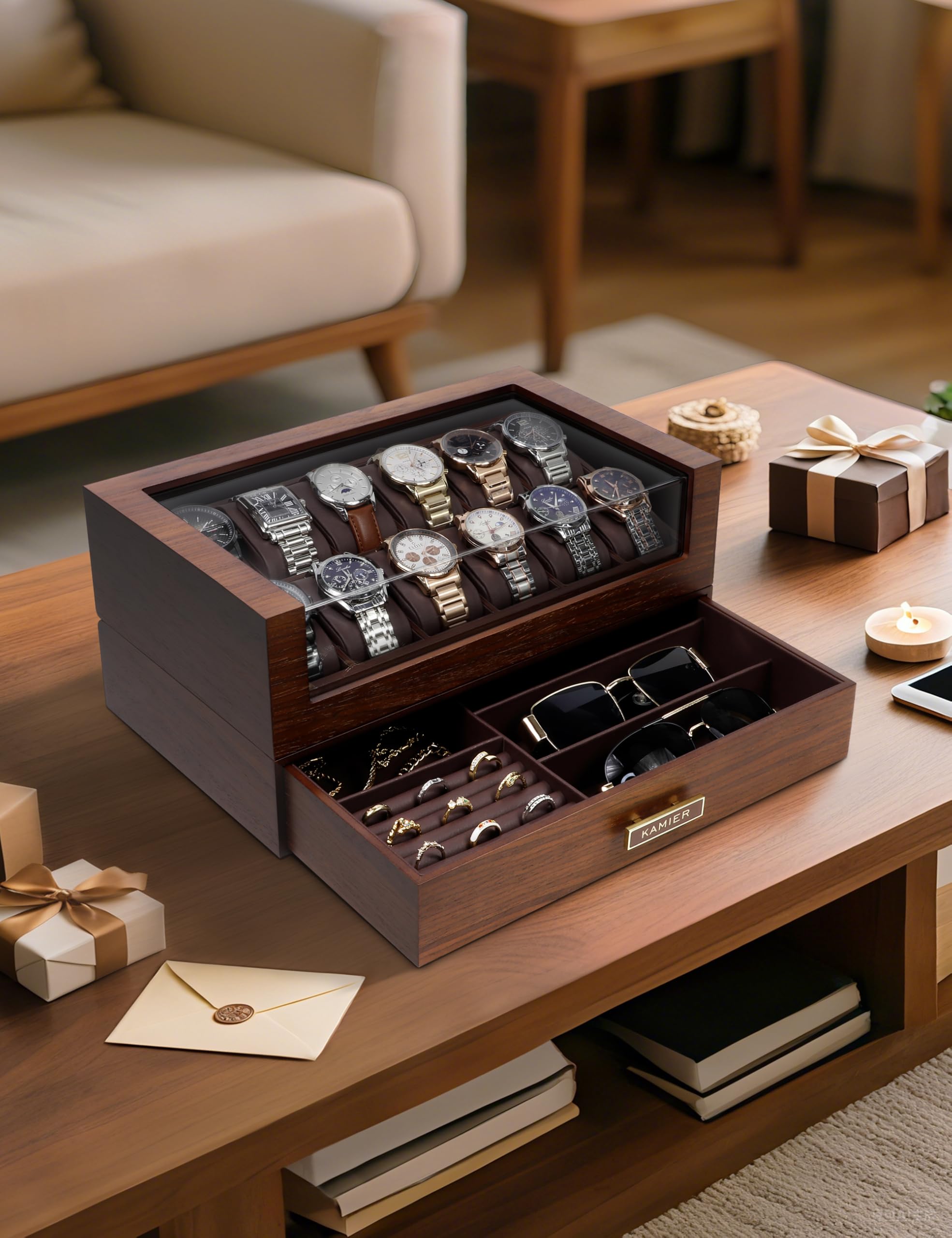 KAMIER Watch Boxes Uhrenbox 12 Fächer Walnuss Holz