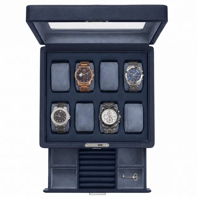 KAMIER Watch Boxes Uhrenbox 8 Uhren Blau 2 Ebenen Samt