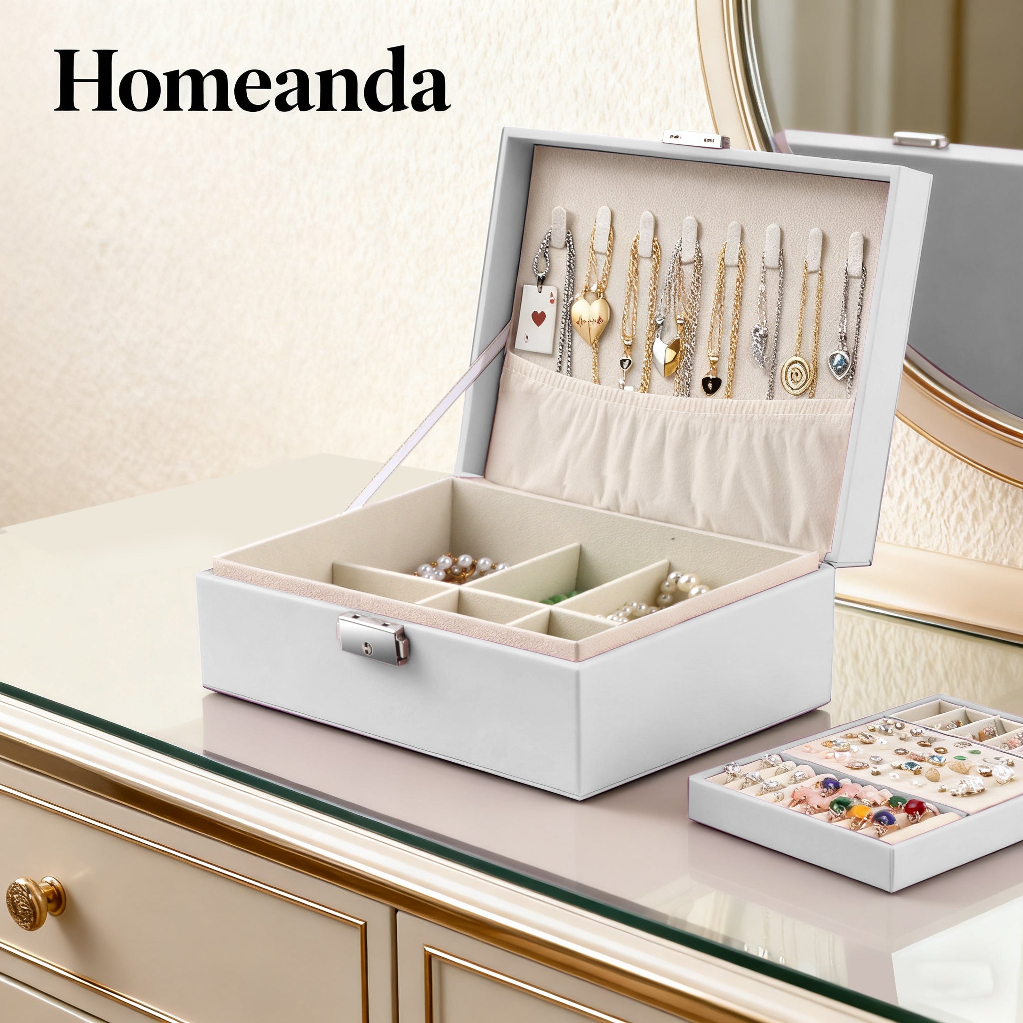 Homeanda Jewelry Box Schmuckkästchen Weiß 2-lagig Schloss