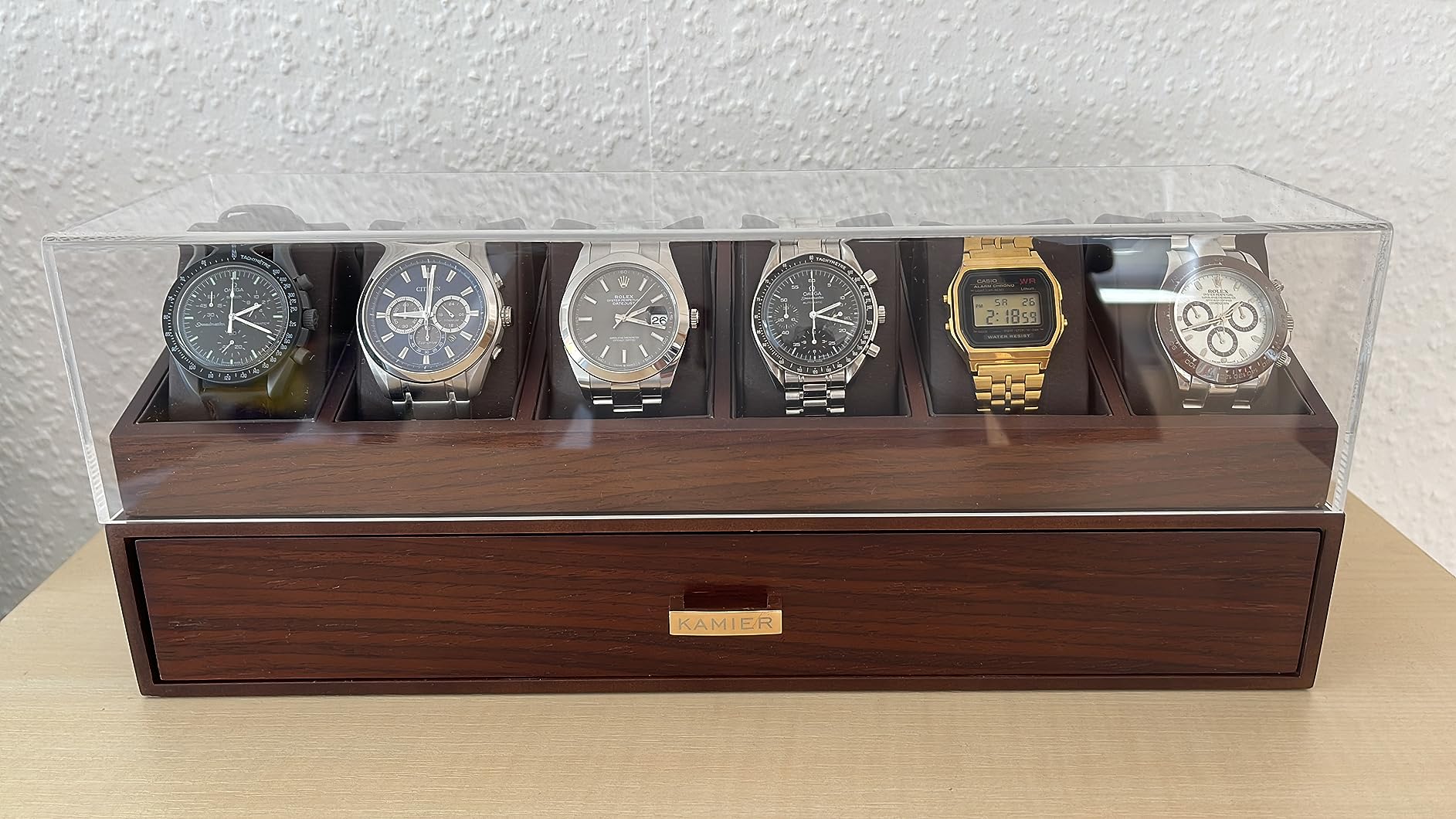 KAMIER Watch Boxes Uhrenbox Holz 6 Uhren mit Schublade Walnuss