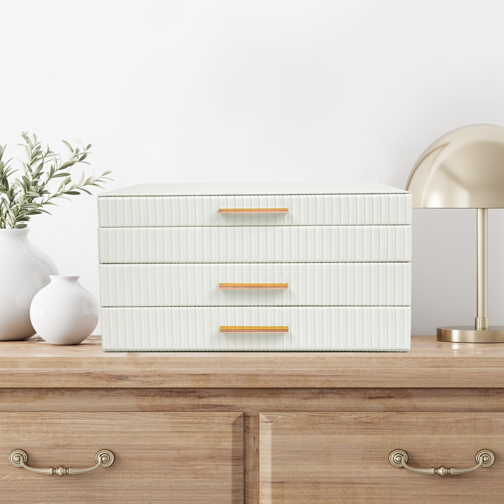 Dajasan Large Jewelry Box Schmuckkästchen Weiß 3 Ebenen Leder