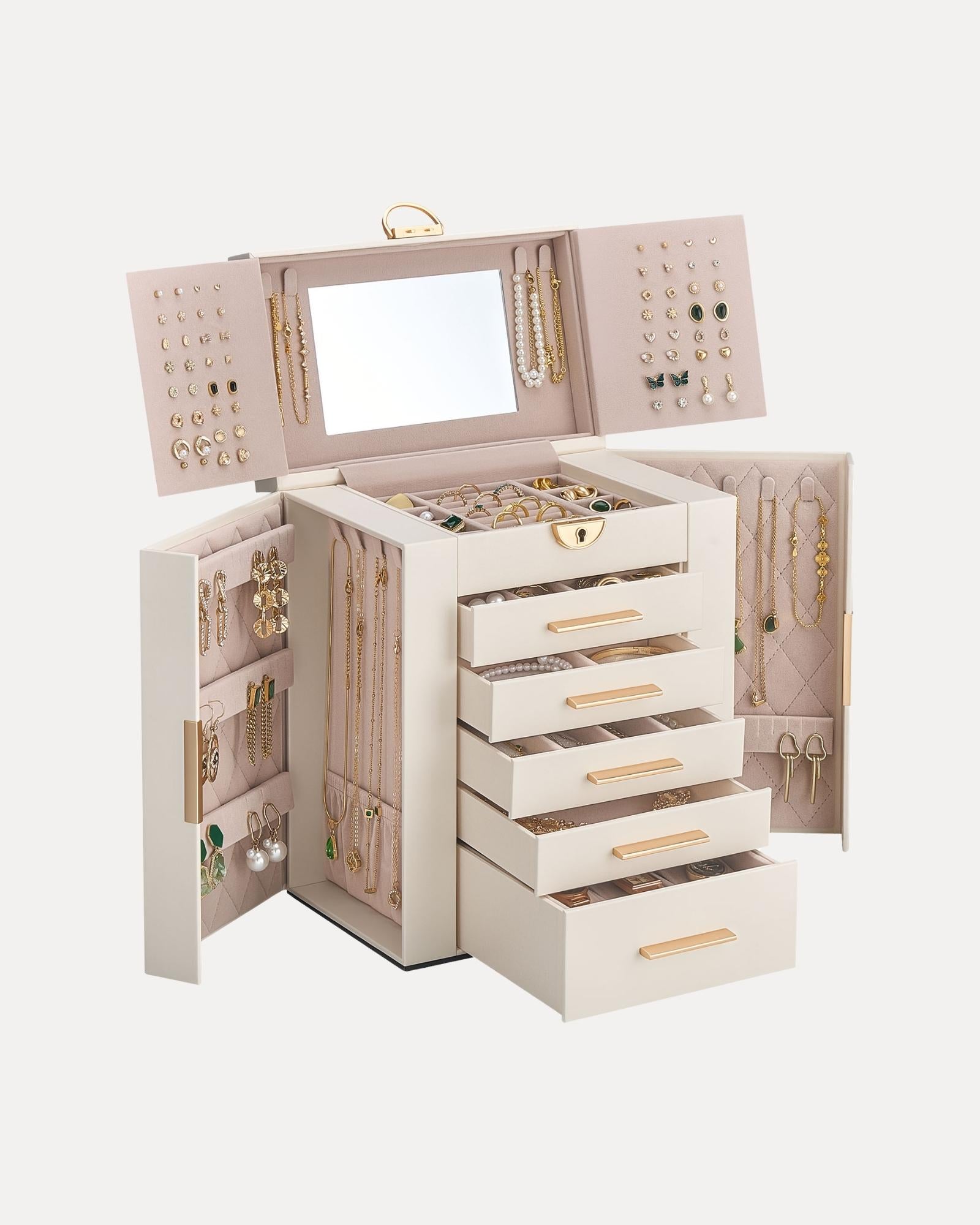 Lolalet Jewelry Box Schmuckkasten beige 6 Lagen mit Spiegel