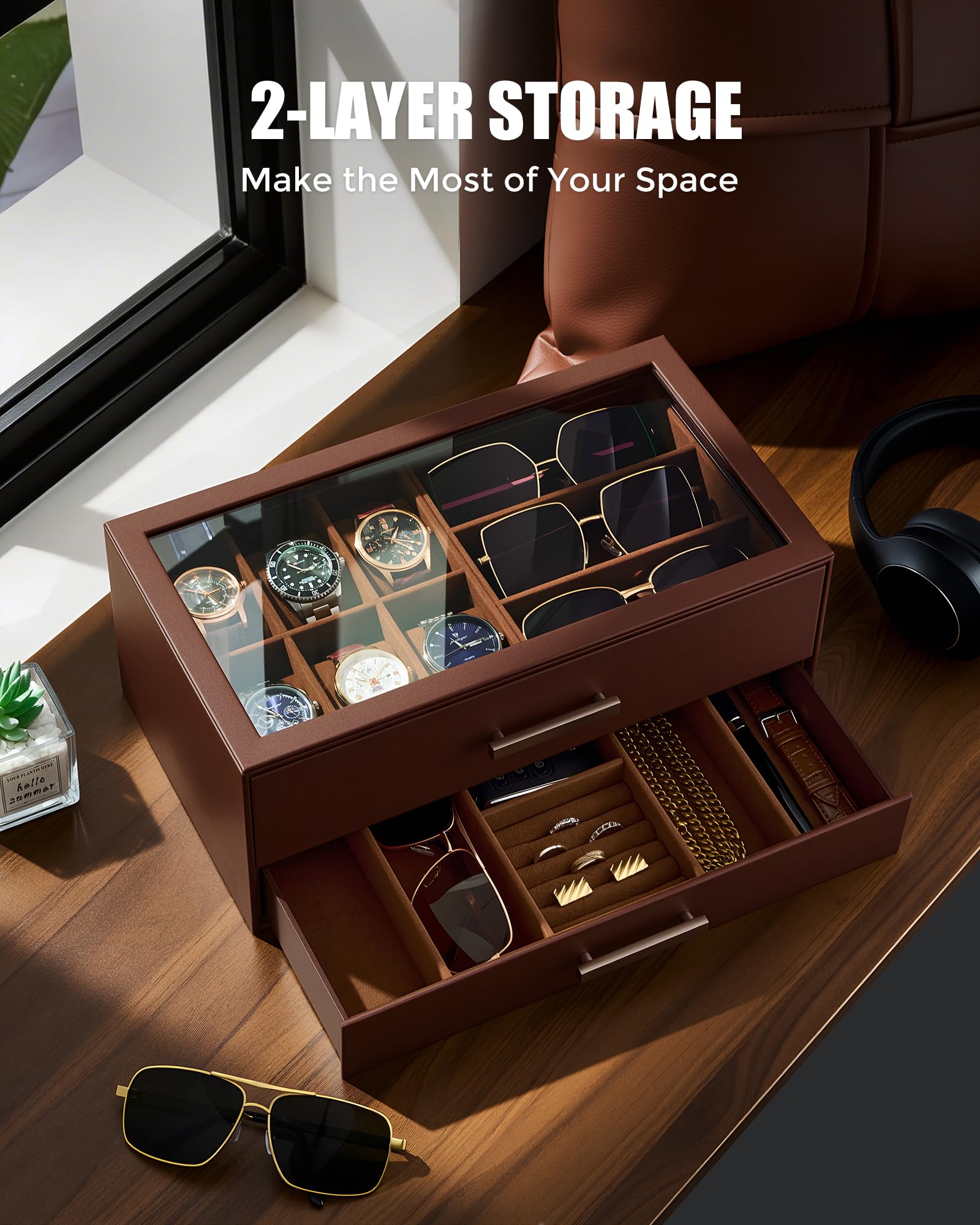 Lolalet Watch Box Uhrenbox Braun 2-stufig Glasdeckel 6 Uhren