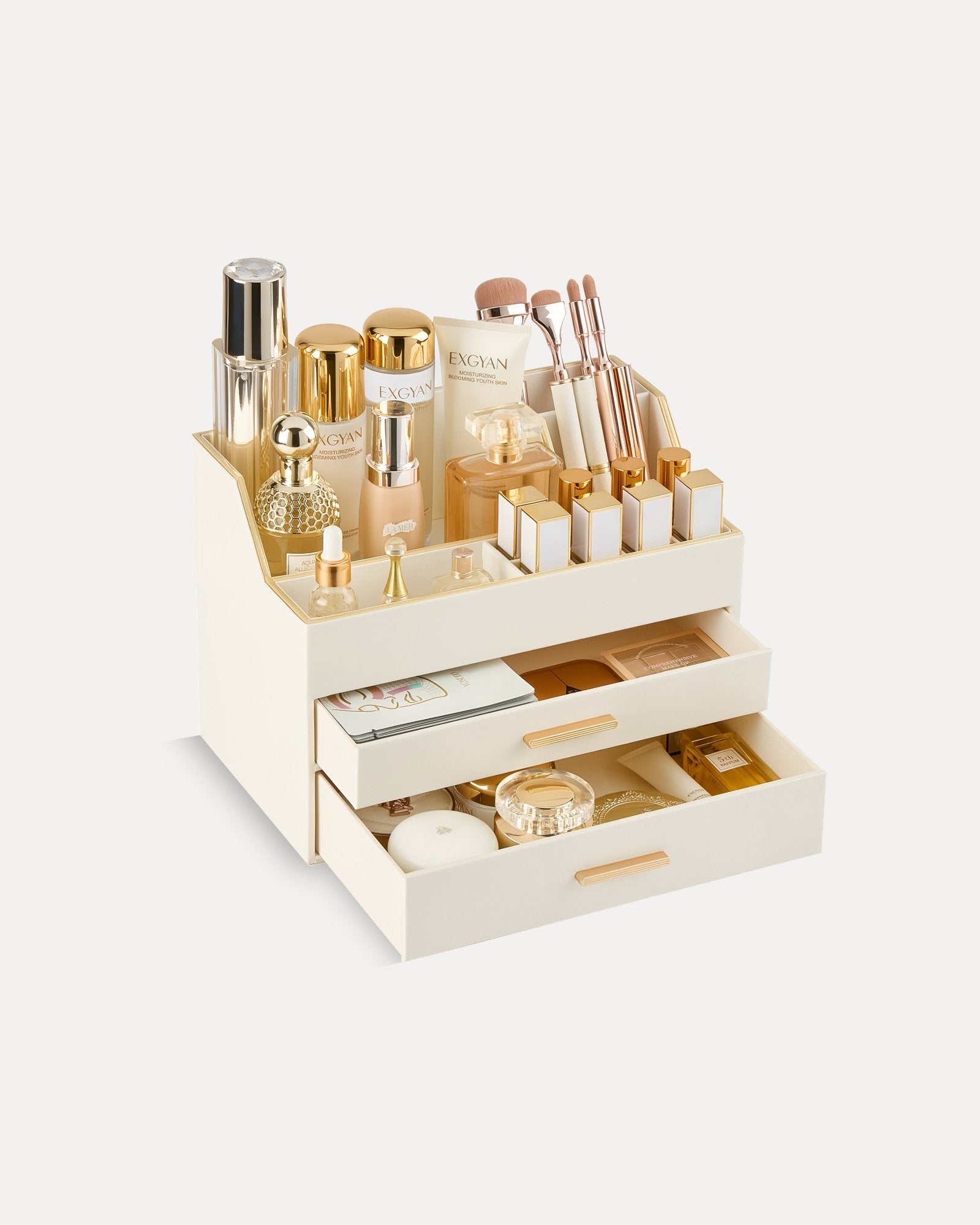 Lolalet Makeup Organizer Schminktisch 2 Schubladen Leder Gold