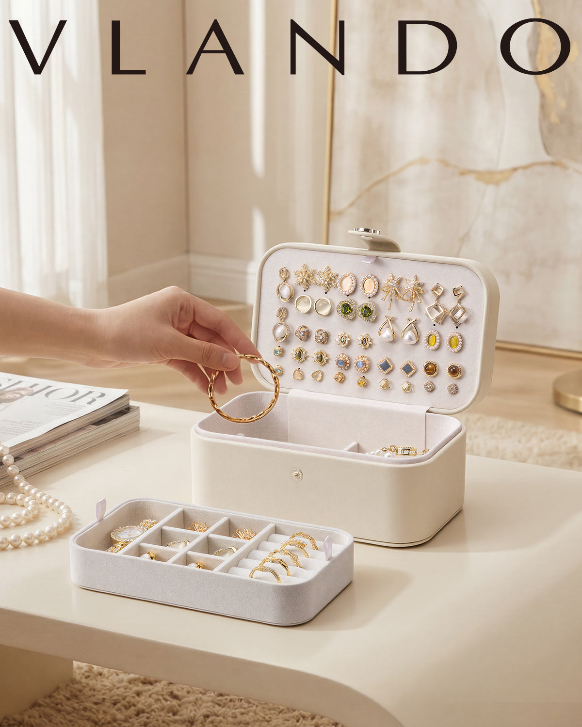 VLANDO Music Box Schmuckkasten Reise 2-lagig Creme