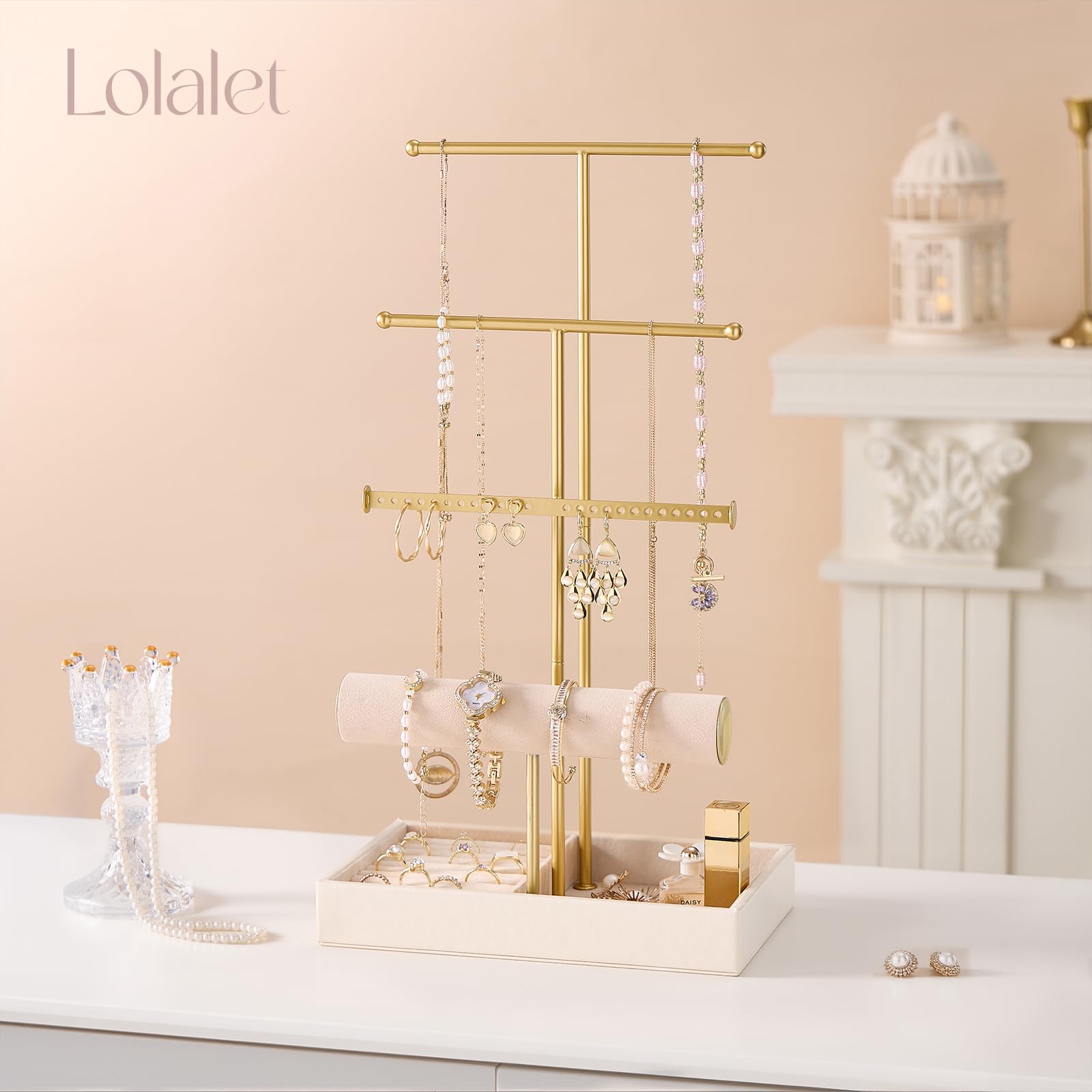 Lolalet Jewelry Stand Schmuckständer Schwarz 4 Ebenen Samt