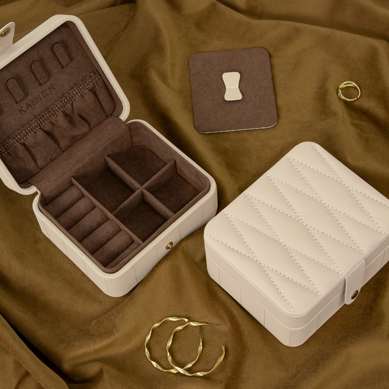 KAMIER Mini Schmuckkästchen Reise Schmuckbox Beige Leder