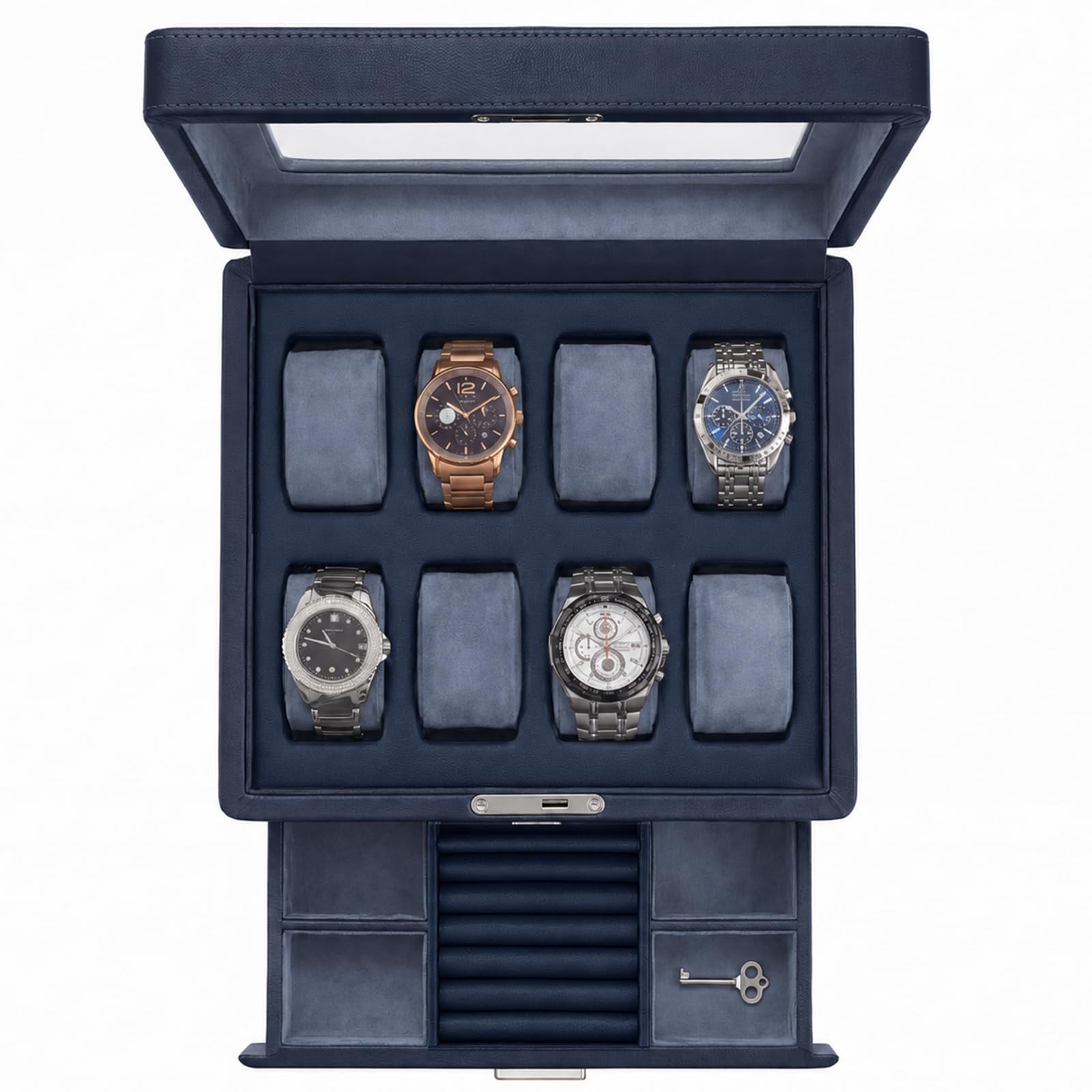 KAMIER Watch Boxes Uhrenbox 8 Uhren Blau 2 Ebenen Samt