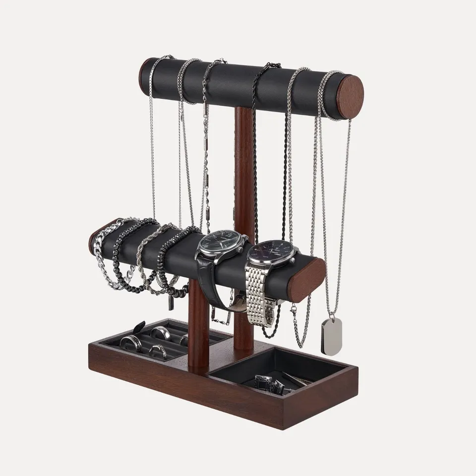 Lolalet Jewelry Stand Uhrenständer Holz Braun T-Bar Leder