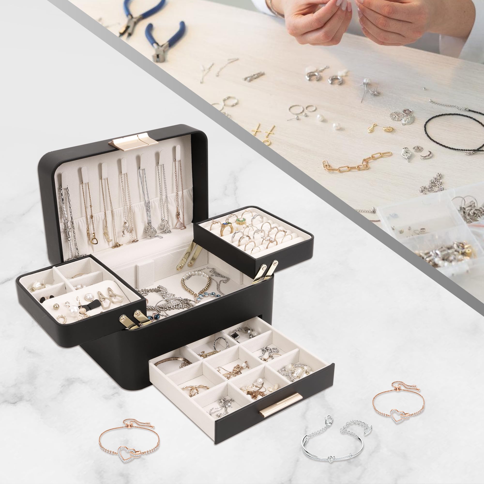 KAMIER Large Jewelry Boxes Schmuckkästchen 3 Ebenen PU-Leder