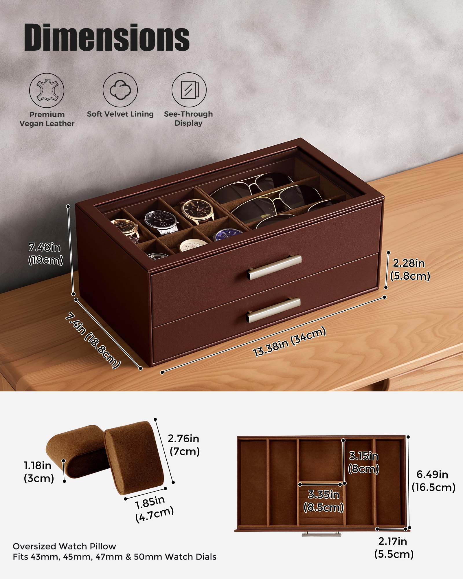 Lolalet Watch Box Uhrenbox Braun 2-stufig Glasdeckel 6 Uhren