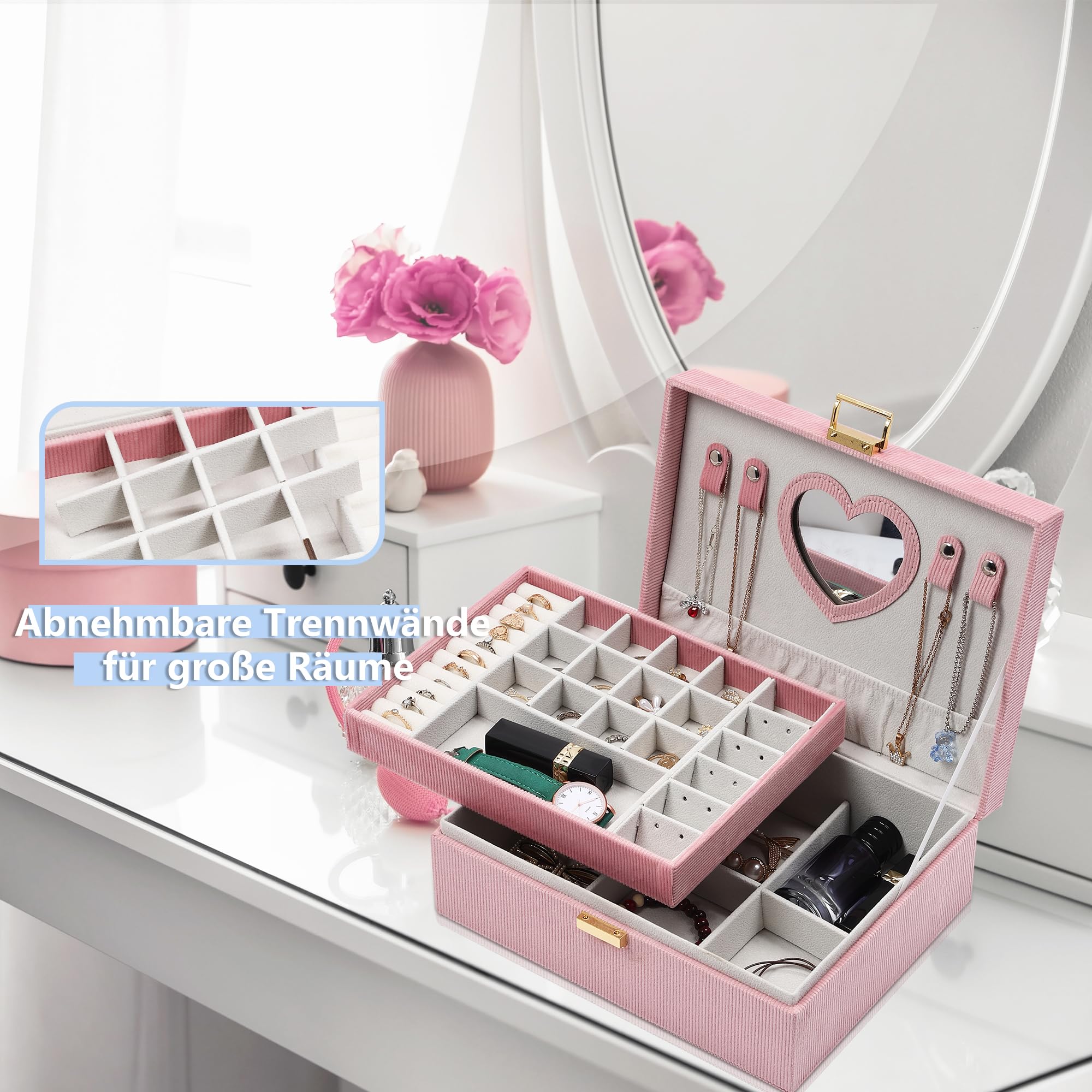 Dajasan Small Jewelry Box Schmuckkästchen Rosa 2 Etagen