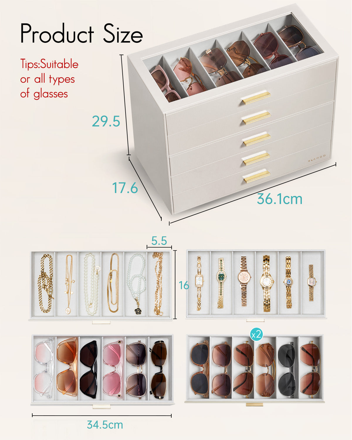VLANDO Everyday Keepsake Brillenbox 5-stöckig 30 Fächer Cremeweiß