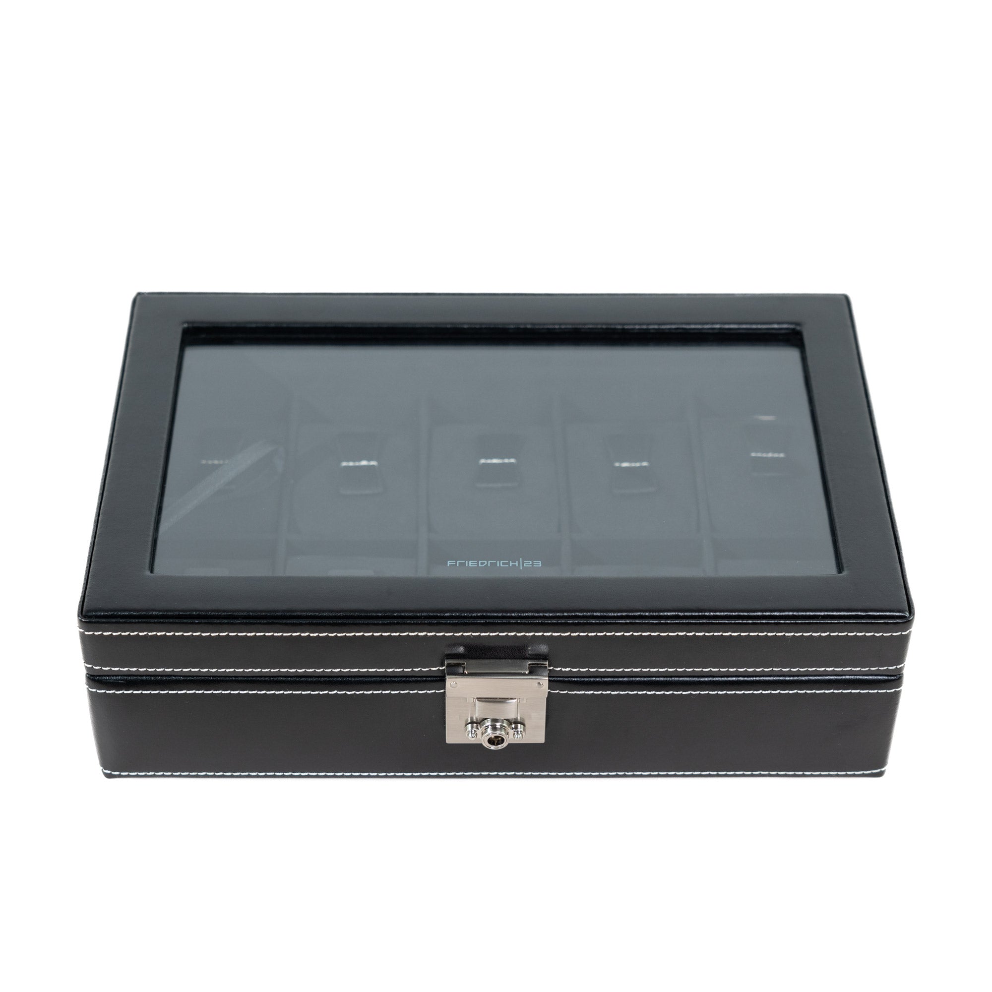 Friedrich 23 London Uhrenbox 10 Uhren Glasdeckel Leder Schwarz