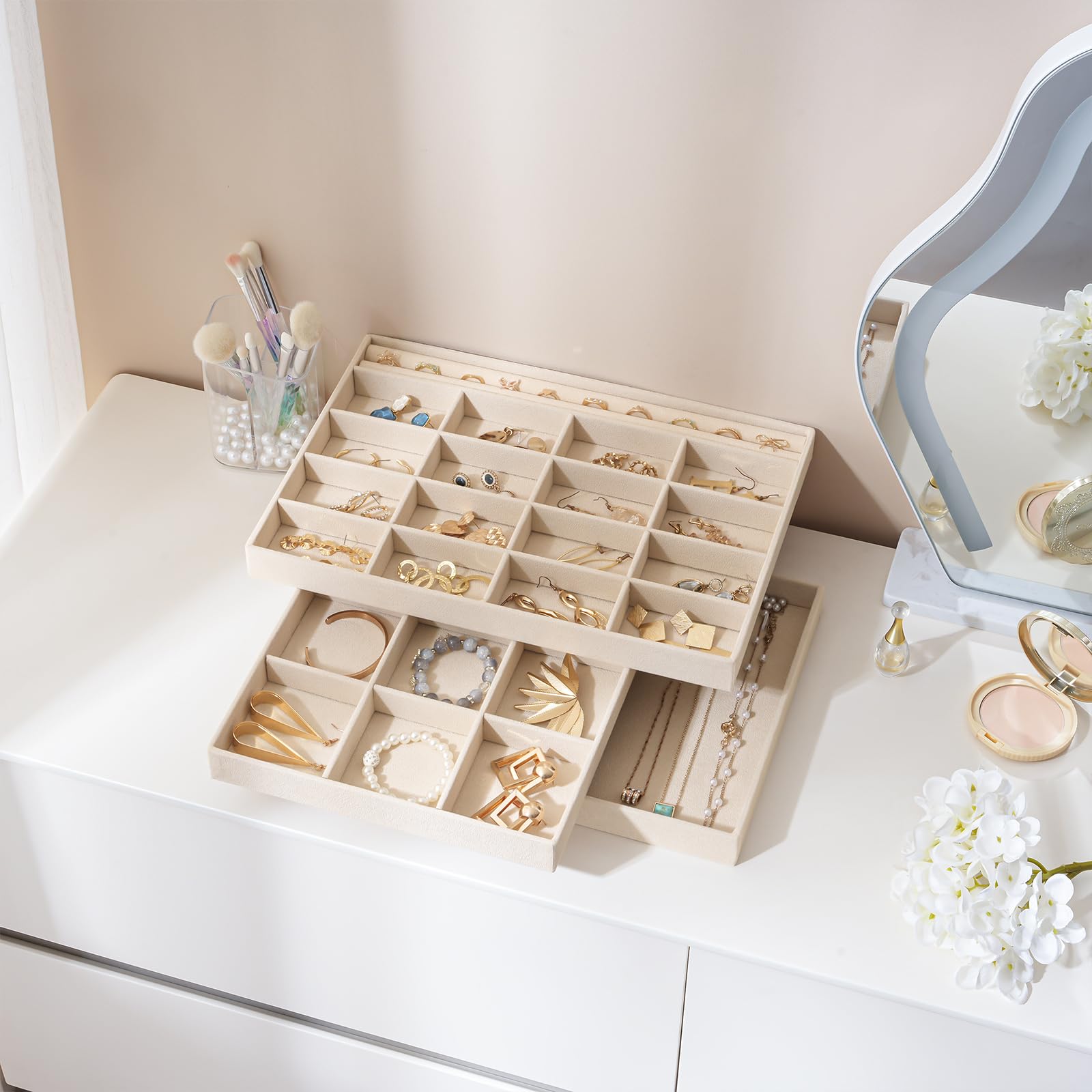 Lolalet Jewelry Tray Schmucktablett 3er-Set beige Samt