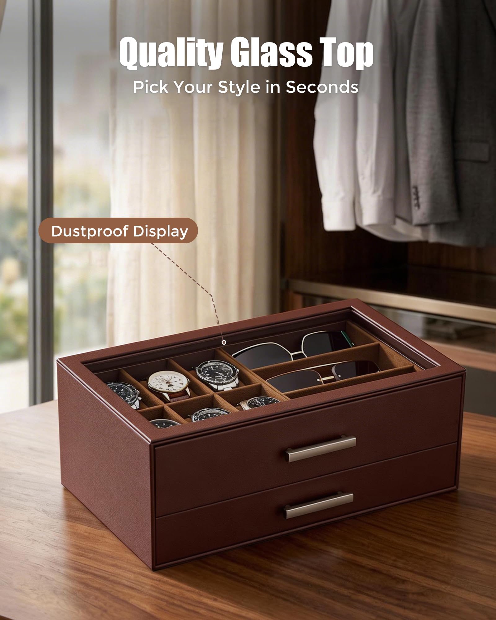 Lolalet Watch Box Uhrenbox Braun 2-stufig Glasdeckel 6 Uhren