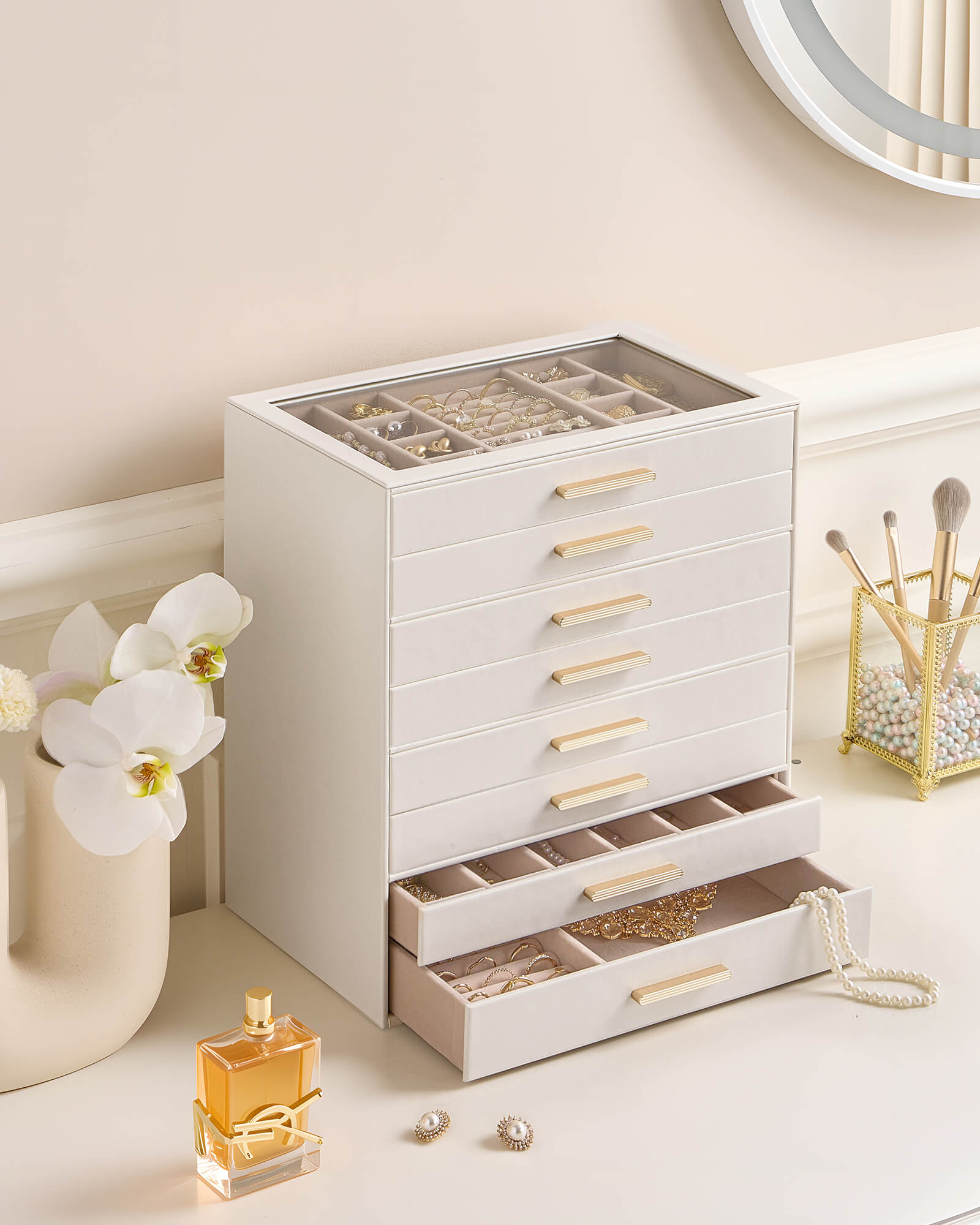 Lolalet Jewelry Box Schmuckkasten Beige Leder 8 Lagen