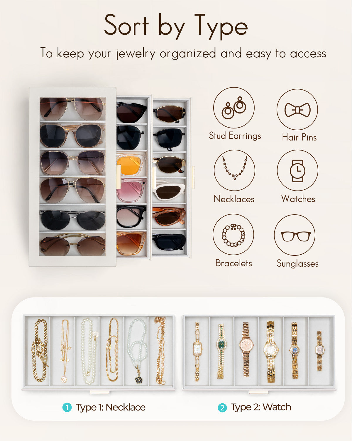 VLANDO Everyday Keepsake Brillenbox 3-stöckig 18 Fächer Cremeweiß