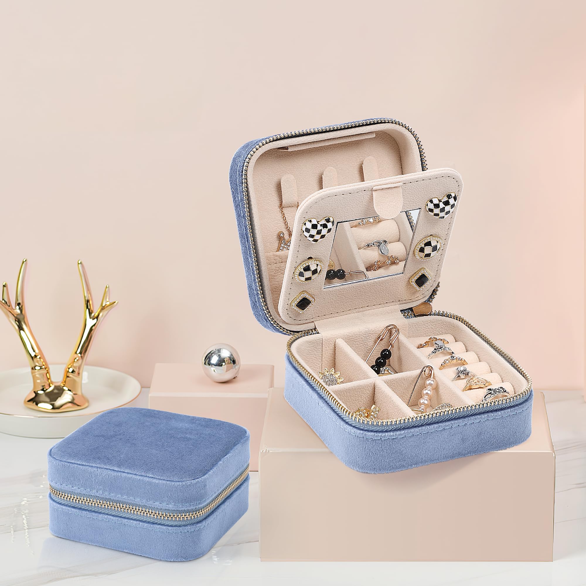 Dajasan Small Jewelry Box Schmuckbox Blau Samt Spiegel