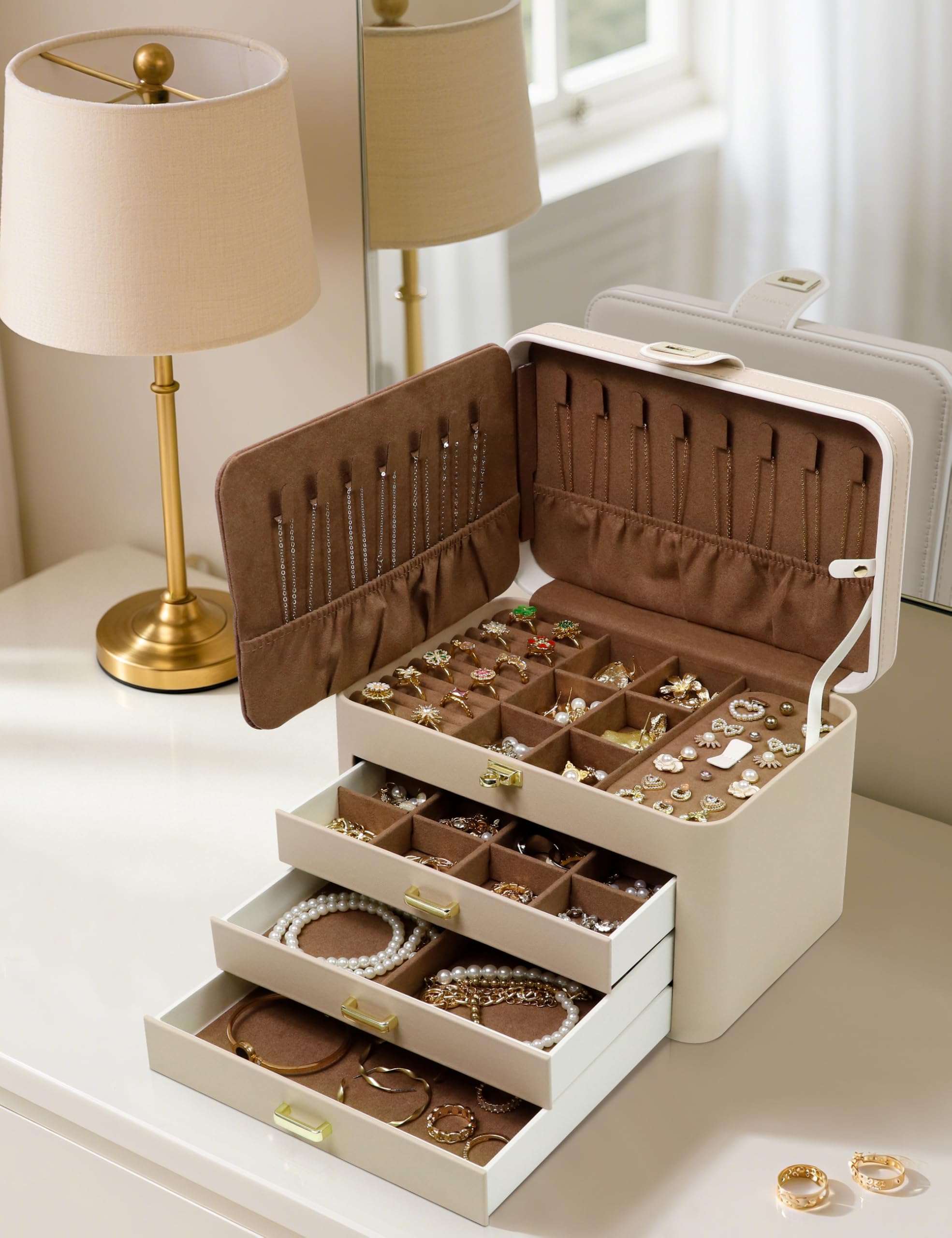 KAMIER Large Jewelry Boxes Schmuckkästchen Beige 4 Ebenen mit Spiegel