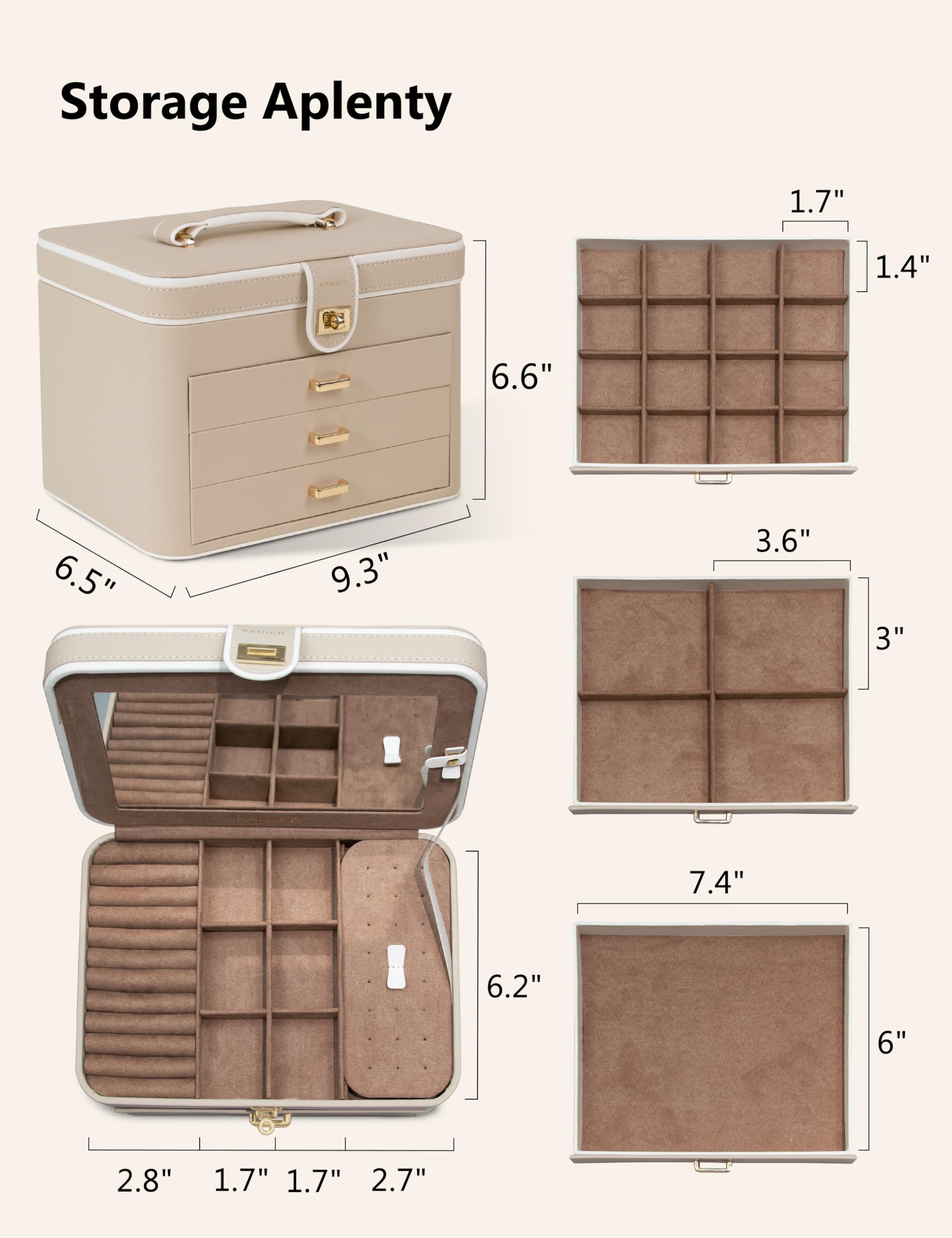 KAMIER Large Jewelry Boxes Schmuckkästchen Beige 4 Ebenen mit Spiegel