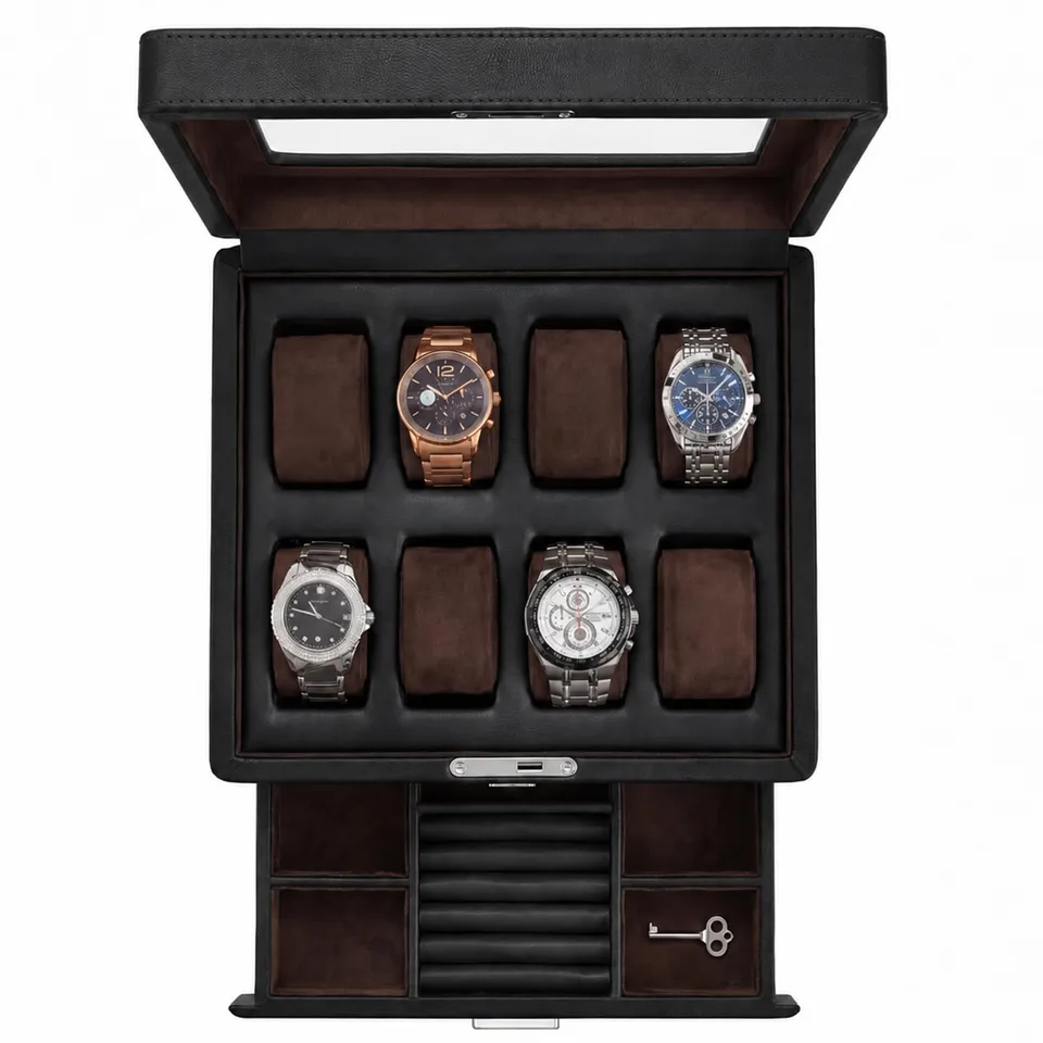 KAMIER Watch Boxes Uhrenbox 8 Uhren Schwarz 2 Ebenen