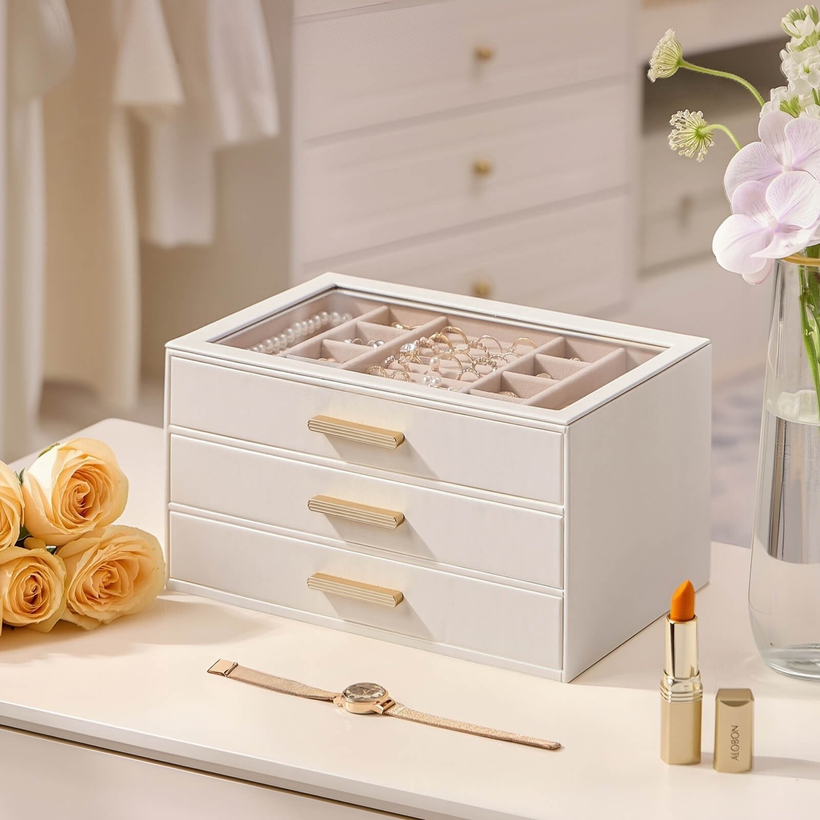 Lolalet Jewelry Box Schmuckkästchen Beige 5-lagig Glasdeckel