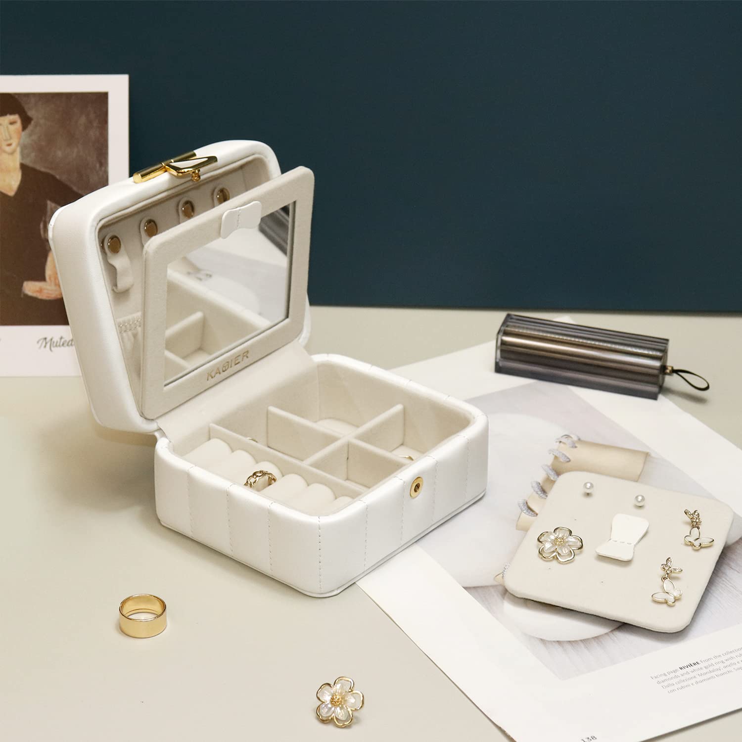 KAMIER Mini Schmuckkästchen Reise Schmuckbox Weiß mit Spiegel