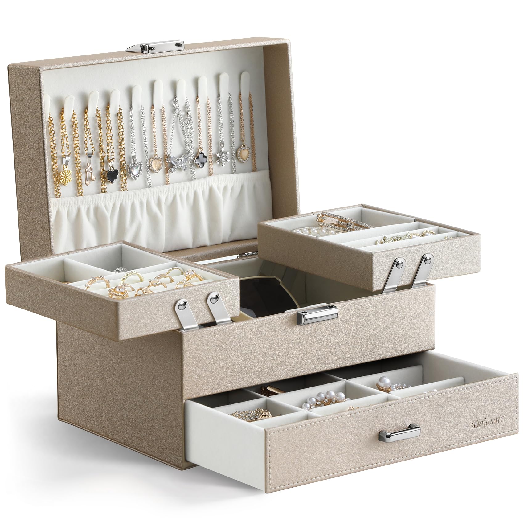 Dajasan Large Jewelry Box Schmuckkästchen Champagner 3 Ebenen