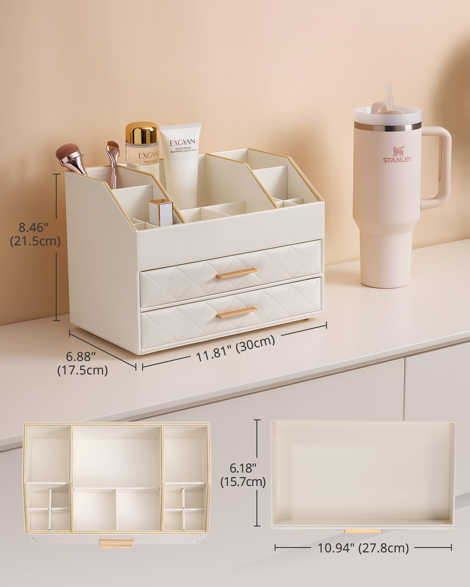 Lolalet Makeup Organizer Schmuckkasten Beige 2-lagig Leder