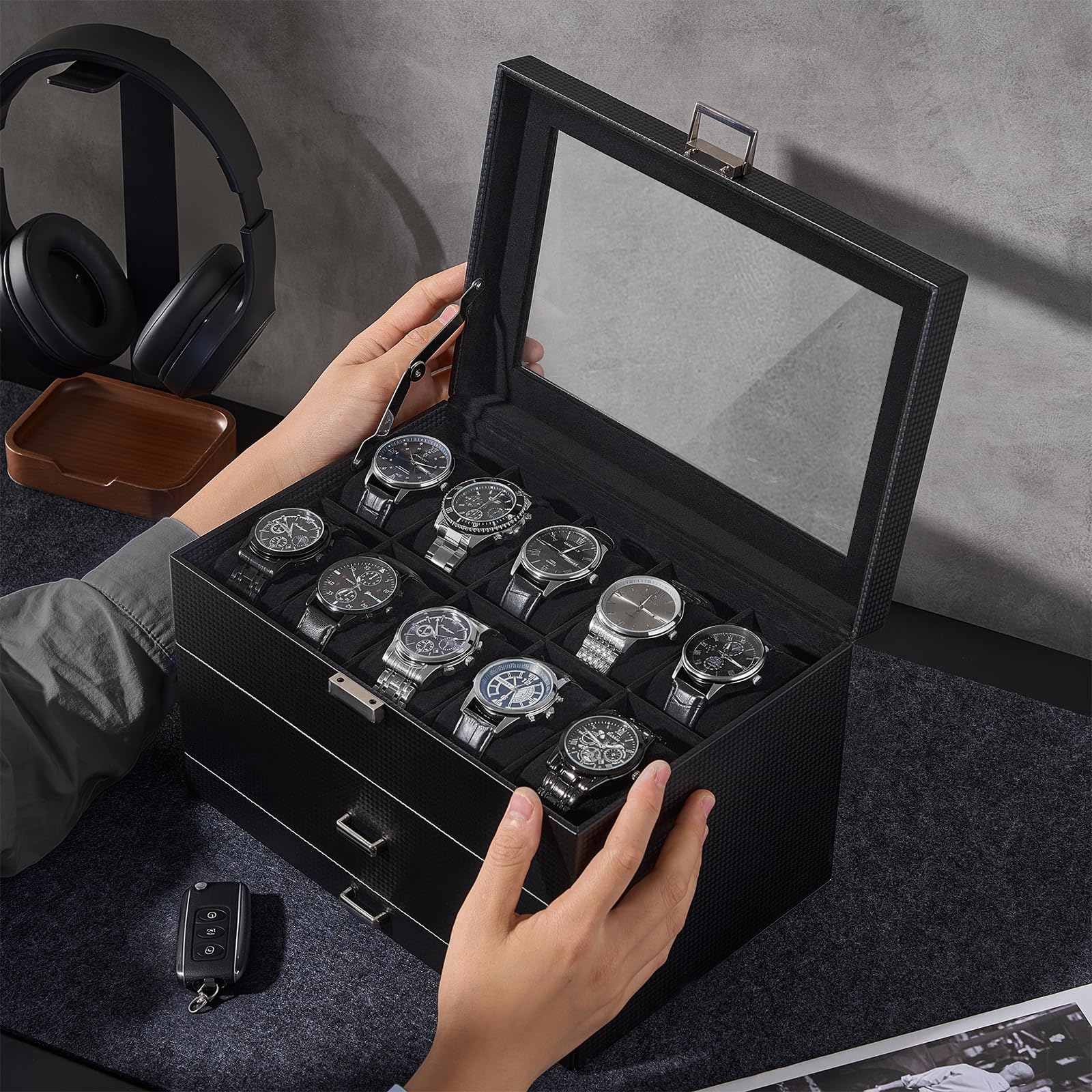 Lolalet Watch Box 3-Layer 20 Slots Uhrenbox Schwarz Glasdeckel
