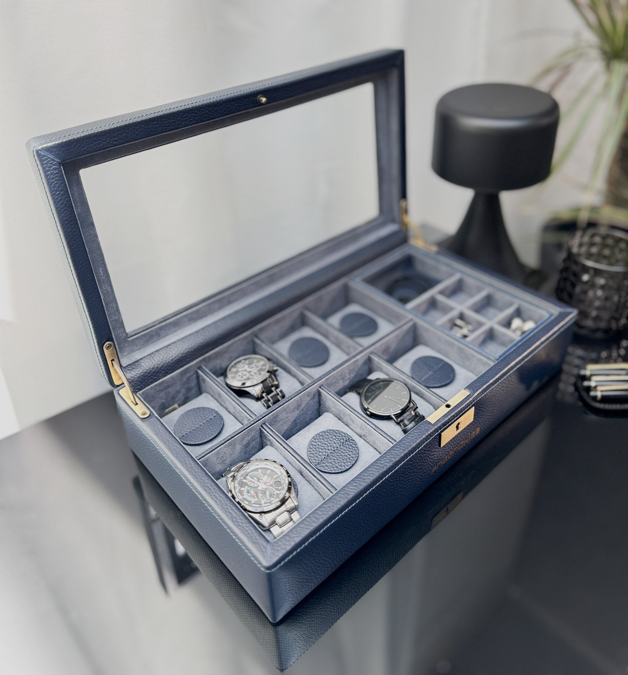 Friedrich 23 Dynasty Uhrenbox 8 Uhren Dunkelblau Leder