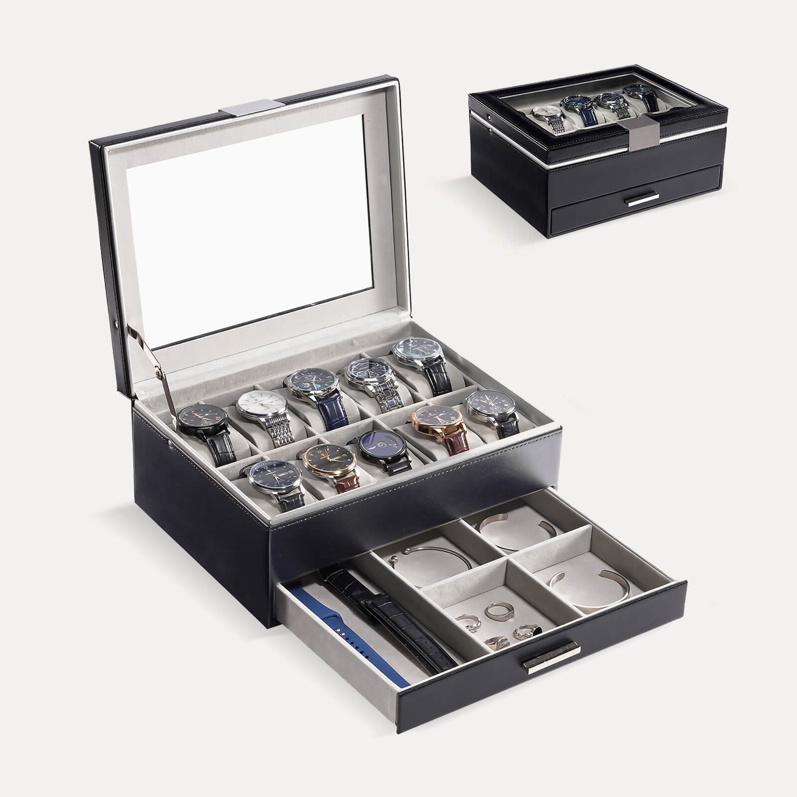Lolalet Watch Box Uhrenbox Schwarz 10 Fächer mit Schublade