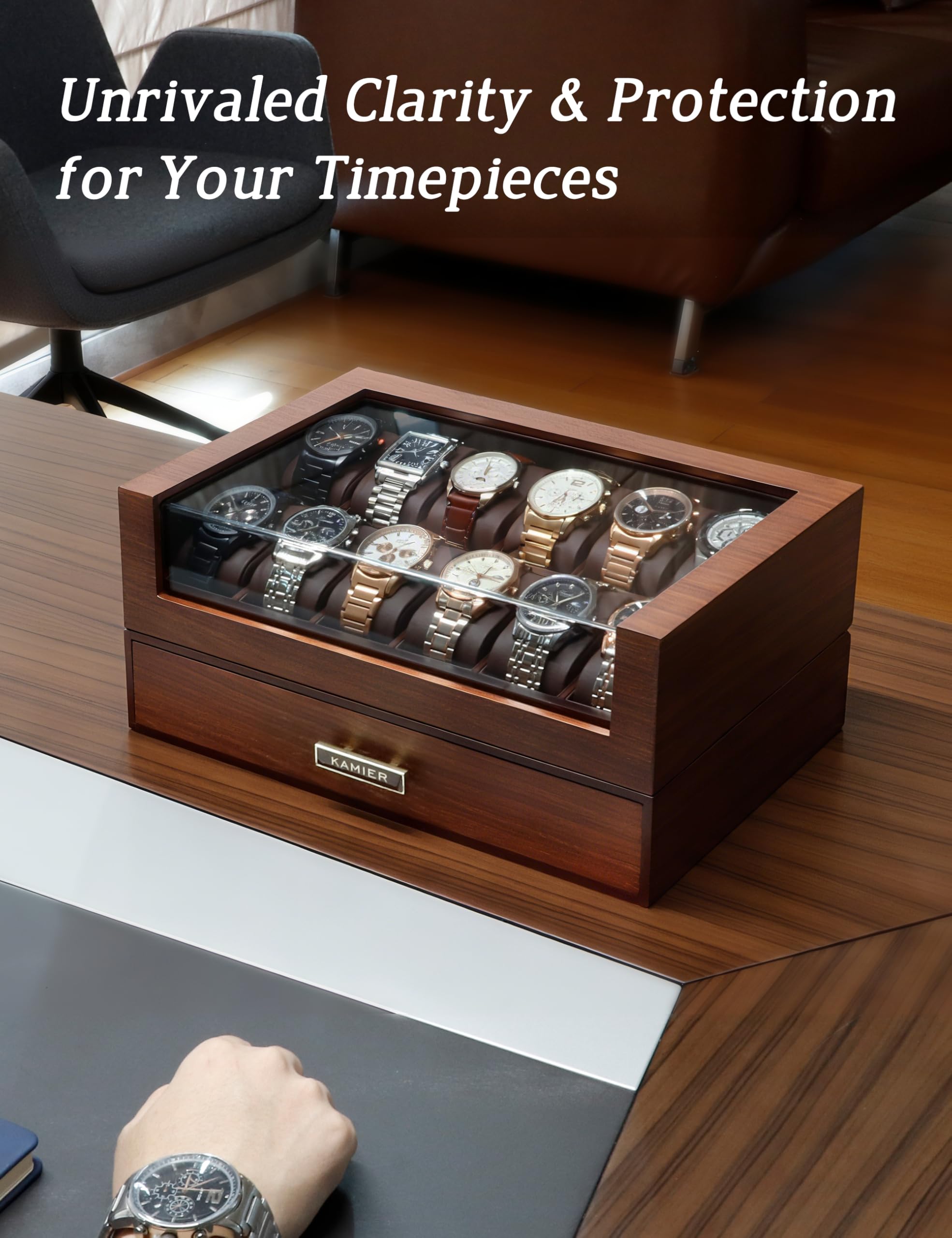 KAMIER Watch Boxes Uhrenbox 12 Fächer Walnuss Holz
