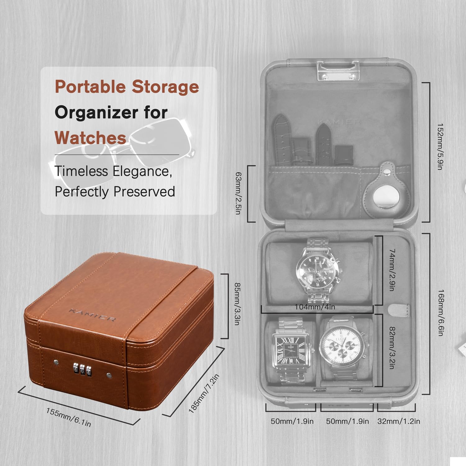 KAMIER Watch Boxes Uhrenbox 4 Uhren Zahlenschloss Leder
